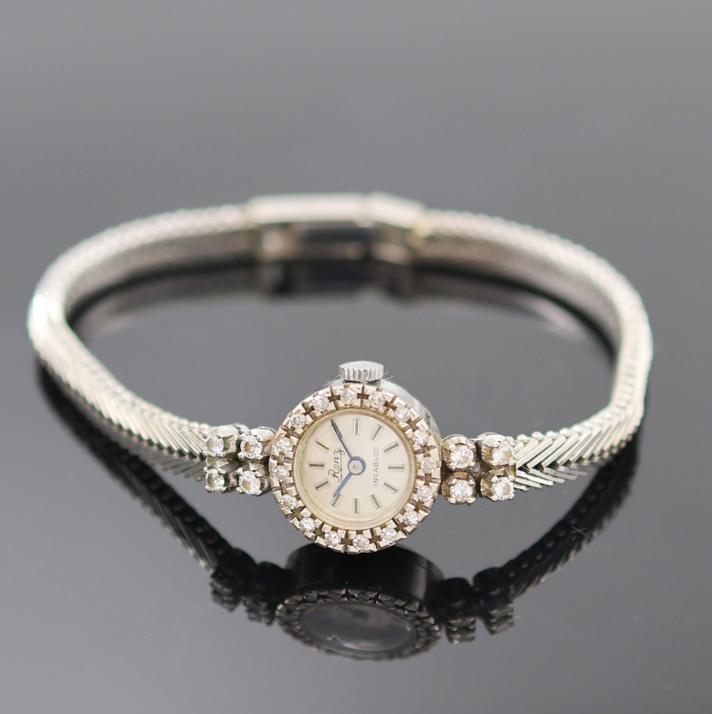 Image 26987661 - RENZ diamantbesetzte Damenarmbanduhr in WG 585/000, Schweiz um 1965, Handaufzug, 2-tlg. ...