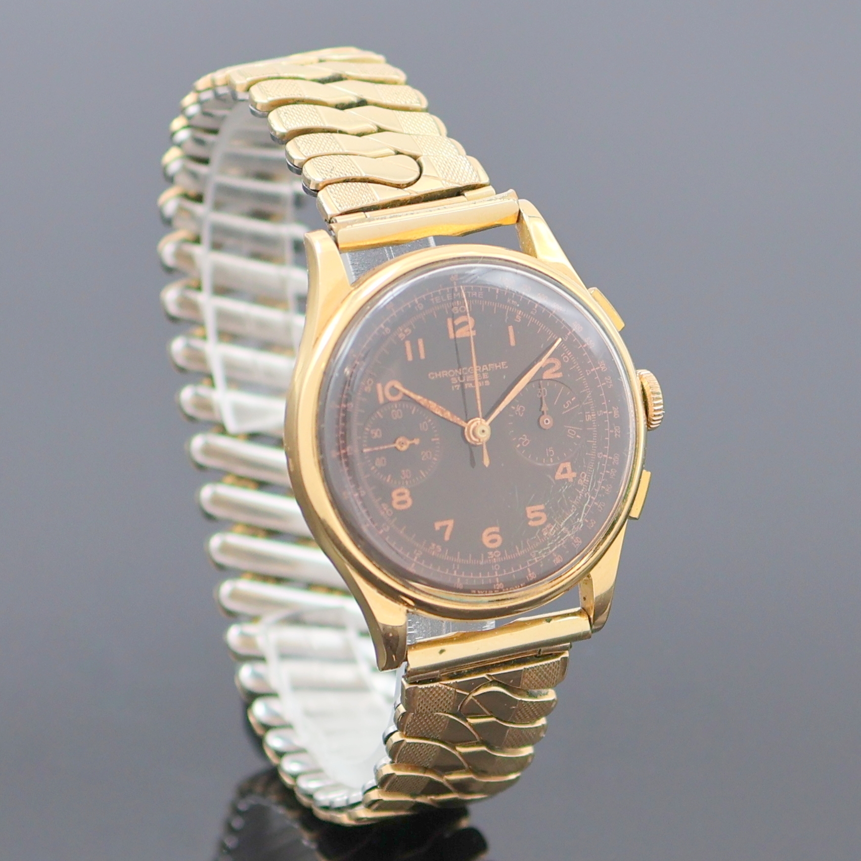 Detail a: CHRONOGRAPHE SUISSE Armbandchronograph in RoseG 750/000, Schweiz um 1950, Handaufzug, Geh. dell., Boden aufgedr., verg. Flexband, Metall Innendeckel, ...