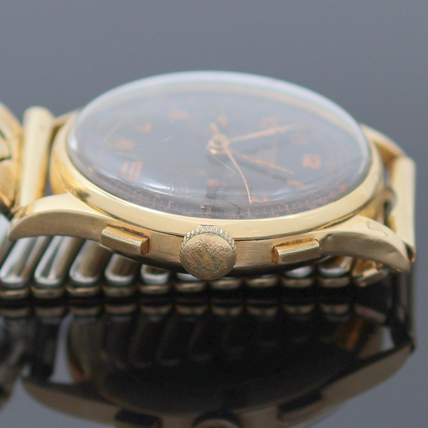 Detail c: CHRONOGRAPHE SUISSE Armbandchronograph in RoseG 750/000, Schweiz um 1950, Handaufzug, Geh. dell., Boden aufgedr., verg. Flexband, Metall Innendeckel, ...