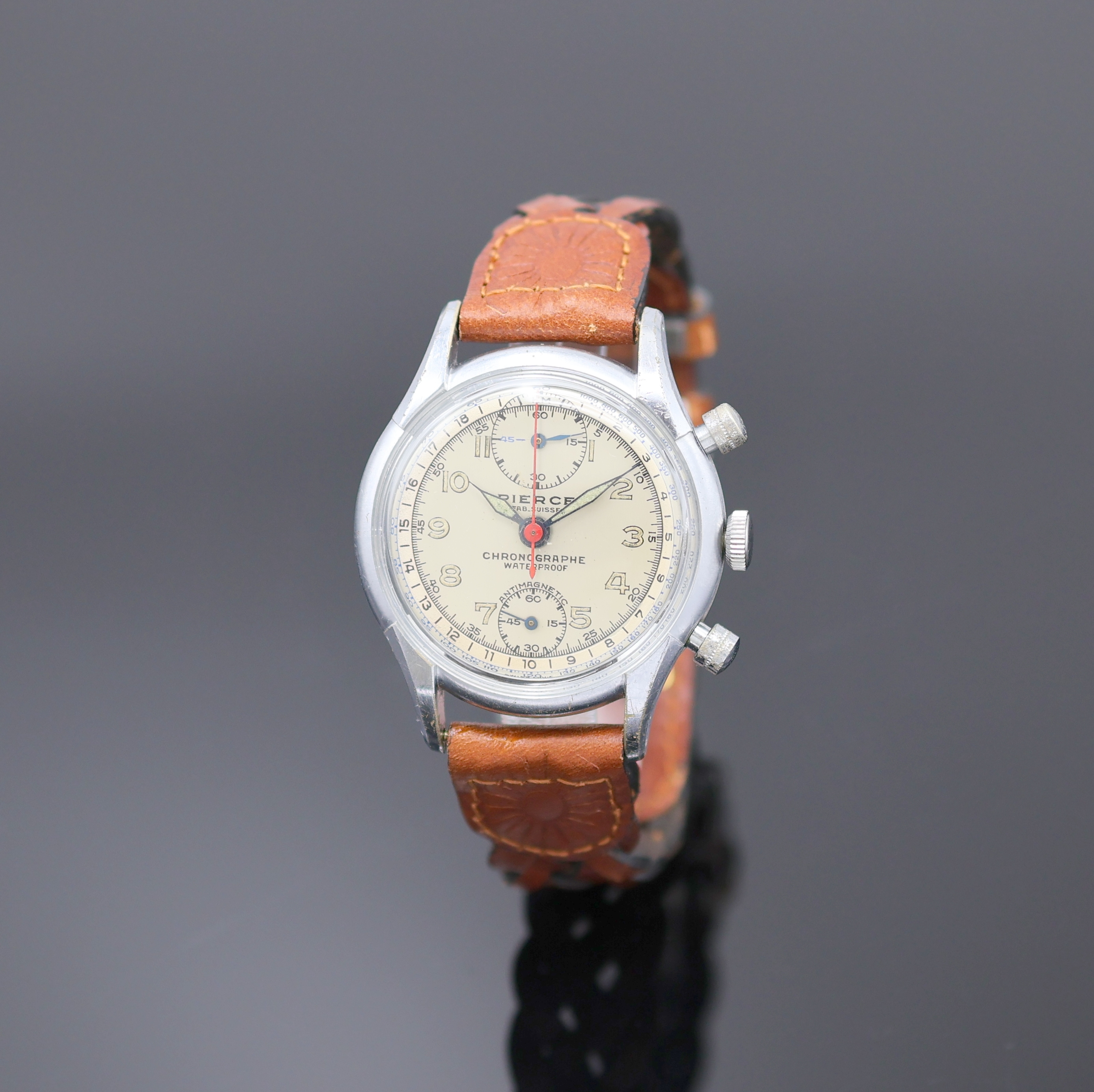 Image 26987672 - PIERCE seltener, verschraubter Schaltradchronograph, Handaufzug, Schweiz um 1950, ...