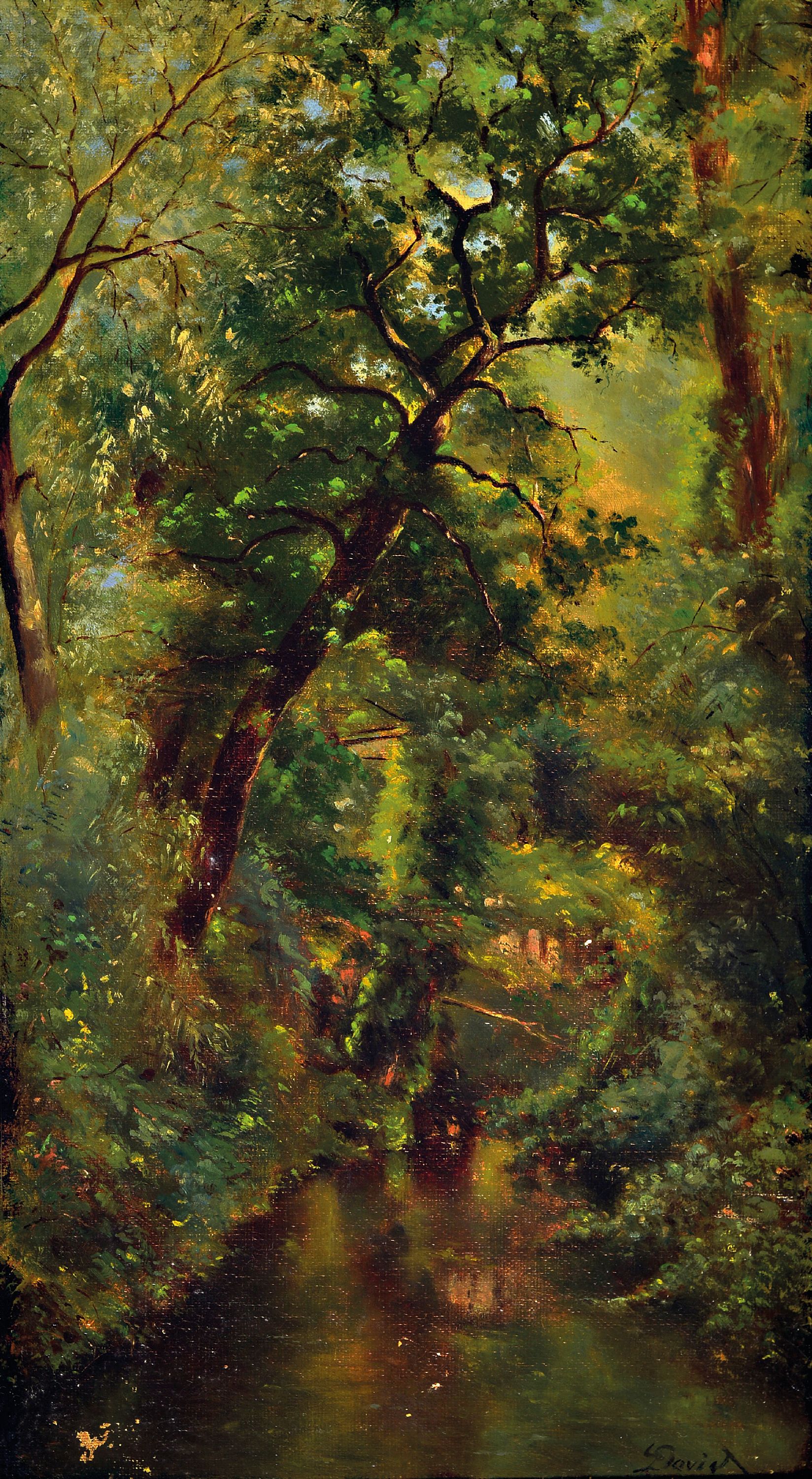 Detail a: zwei impressionistische Gemälde, Frankreich, um 1890, 1x Bachlauf im dichten Wald, Öl/Lwd, rechts unten sign. L. David, ca. 45x26cm, R.ca. 53x33cm, ...