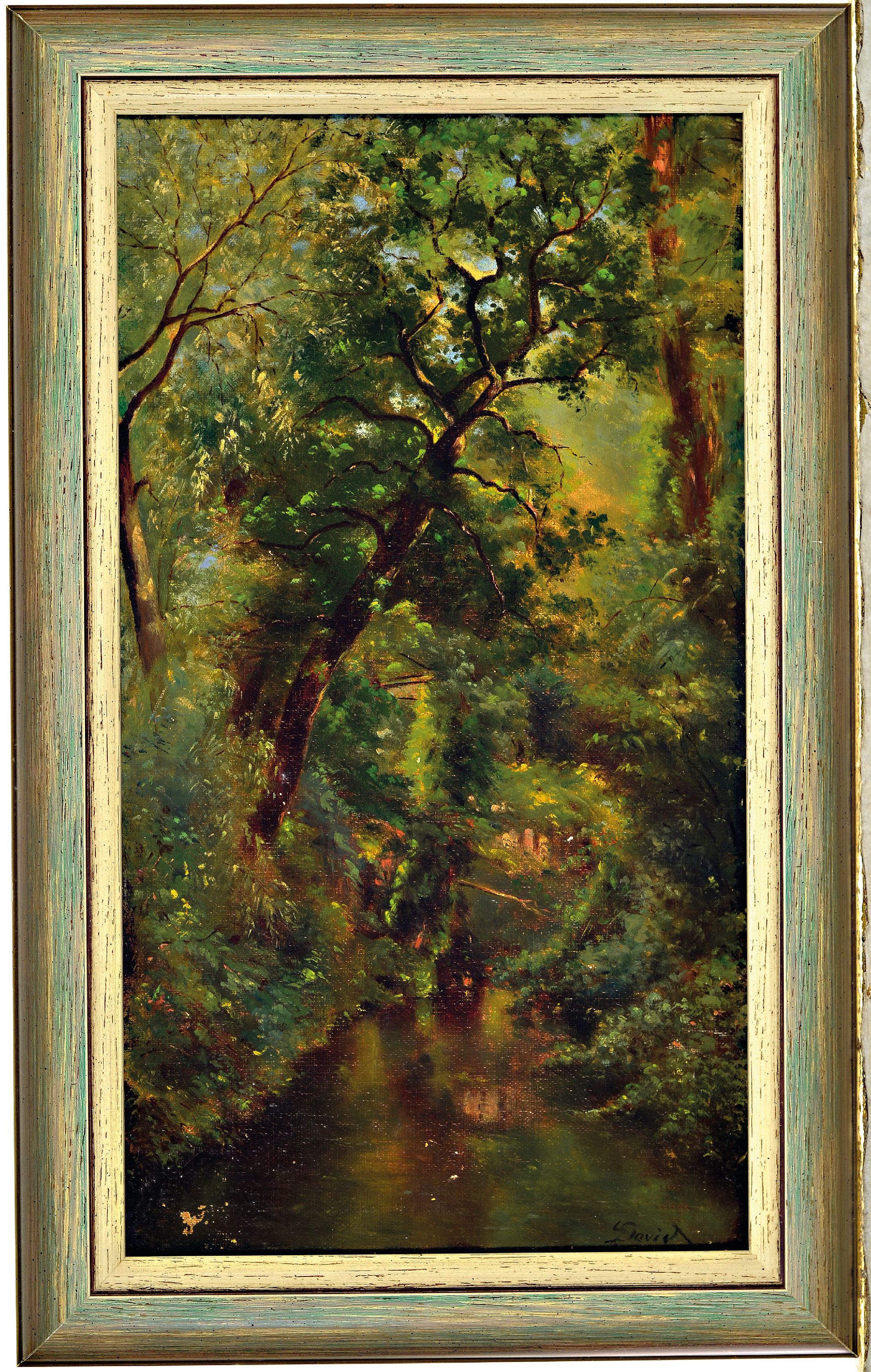 Detail l: zwei impressionistische Gemälde, Frankreich, um 1890, 1x Bachlauf im dichten Wald, Öl/Lwd, rechts unten sign. L. David, ca. 45x26cm, R.ca. 53x33cm, ...