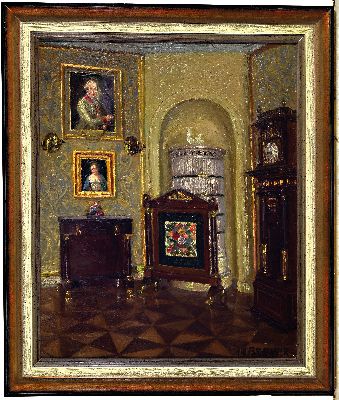 26987625k - Robert Breyer, 1866 Stuttgart-1941 Bensheim, Interieur mit Kachelofen, Ofenschirm, ...