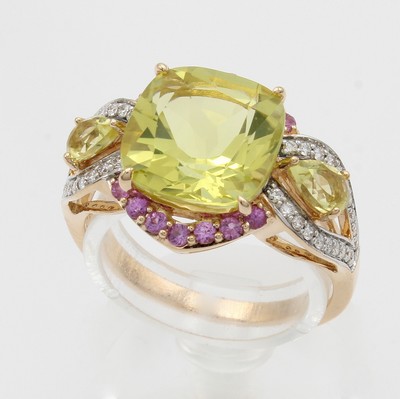 26987693a - Ring mit Farbsteinen und Brillanten, RoséG 585/000, Lemoncitrin (beh.) u. pinkf. ...