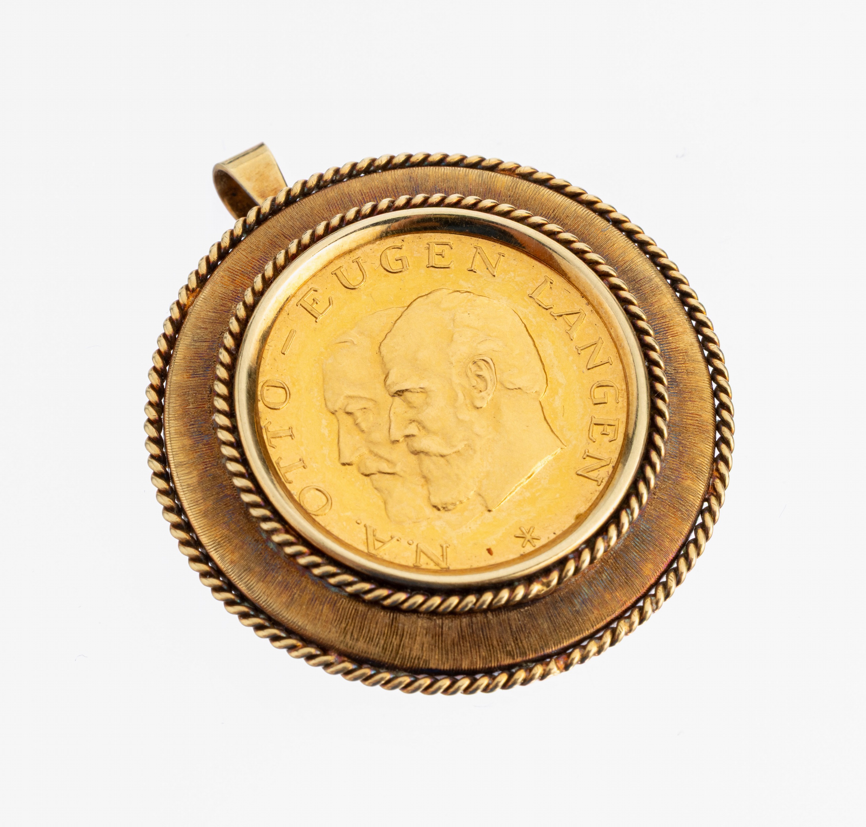 14 kt Gold Medaillen-Anhänger, GG 585/000, Fassung auf 2 Ebenen, Kordelrandverzierung, gefasste Medaille, GG 900/000, Otto-Eugen Langen Klöckner ...