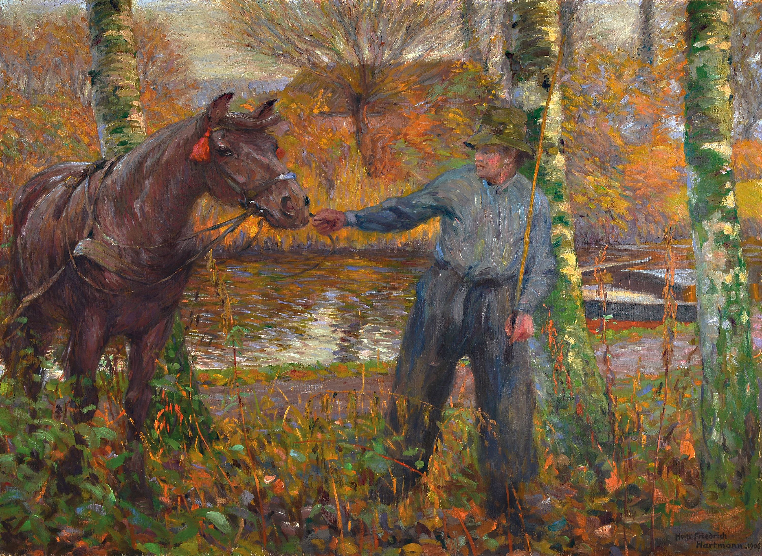 Hugo Friedrich Hartmann, 1870 Rosenberg/Westpreussen-1960 Bardowick, "Am Flußufer", Bauer mit seinem Pferd an einem bewaldeten Flußufer, ...