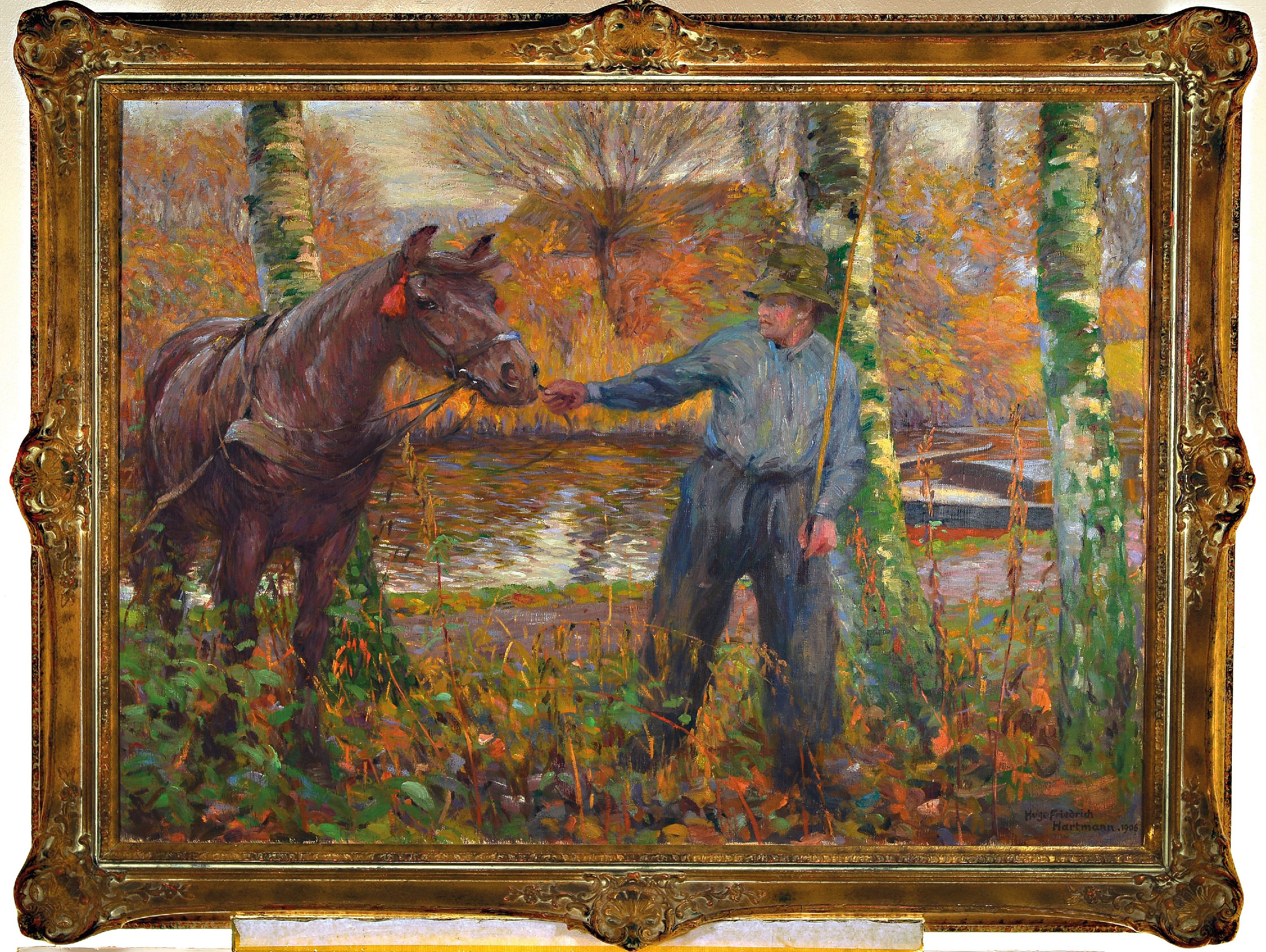 Detail k: Hugo Friedrich Hartmann, 1870 Rosenberg/Westpreussen-1960 Bardowick, "Am Flußufer", Bauer mit seinem Pferd an einem bewaldeten Flußufer, ...