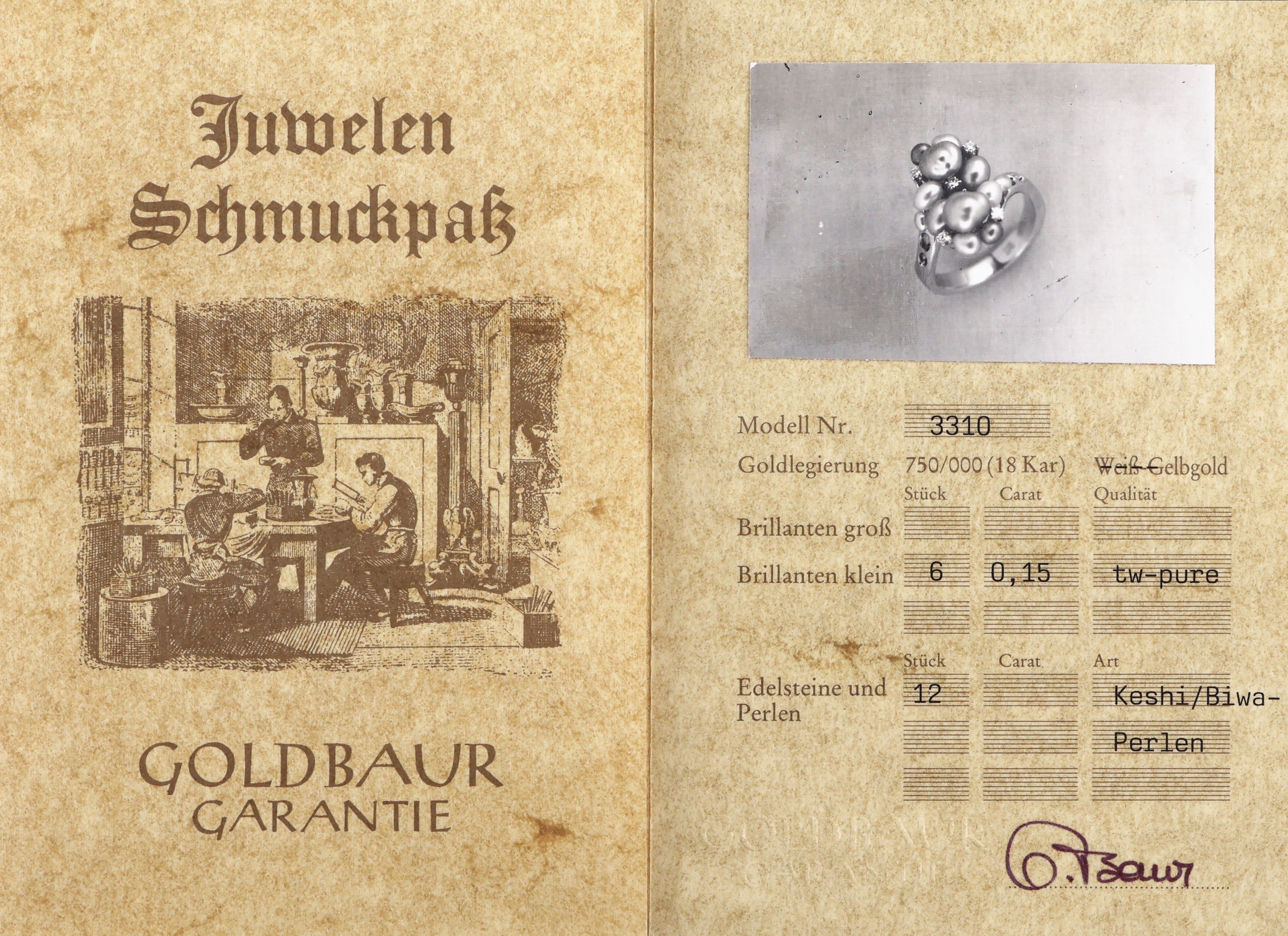 Detail a: 18 kt Gold GOLDBAUR Perl-Brillant-Schmuckset, GG 750/000, bes. aus: Ring und Paar Ohrstecker, bes. mit Keshi/Biwaperlen, in Rosa, Grau und Weiß, 12 ...