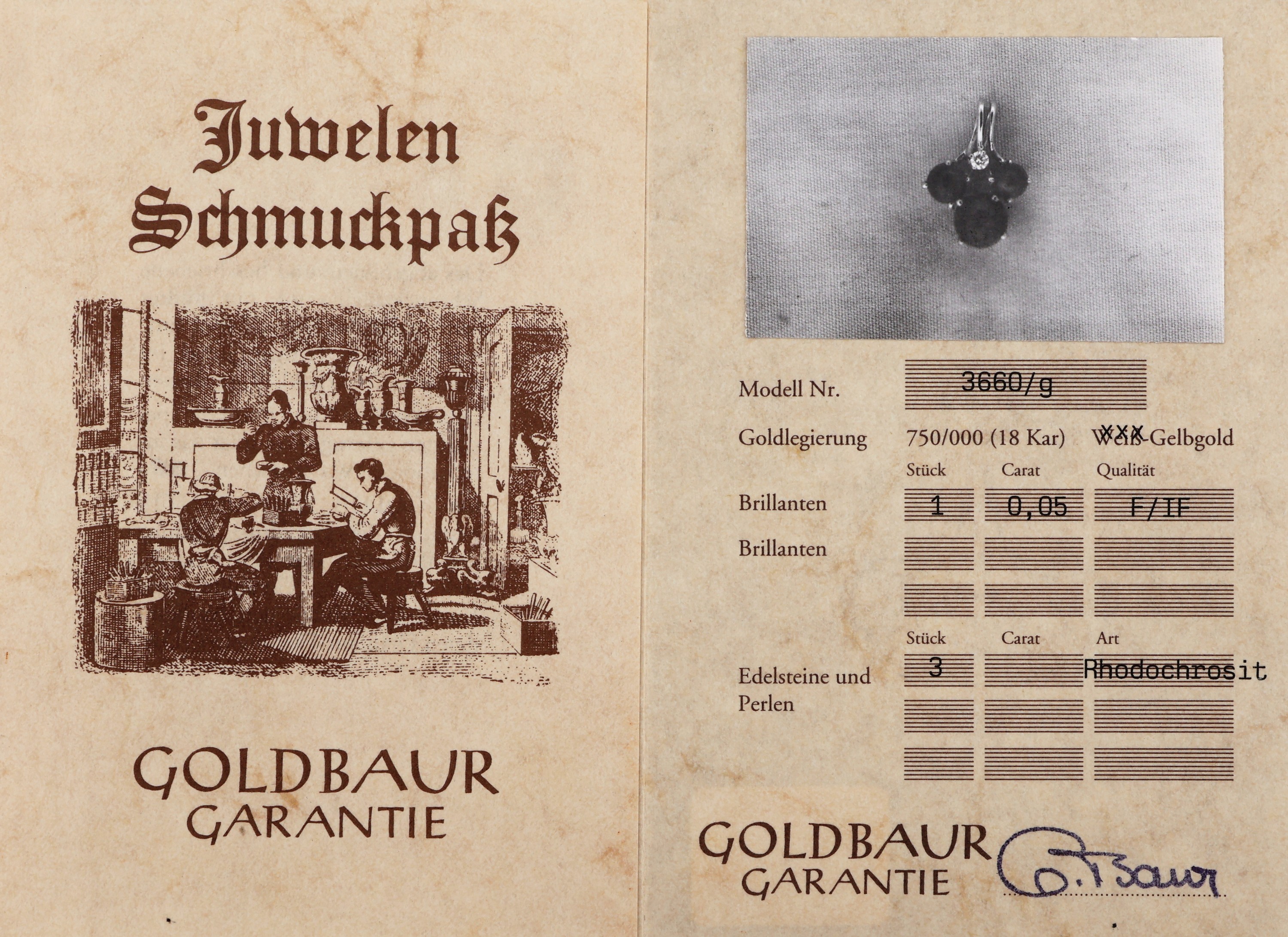 Detail b: 18 kt Gold GOLDBAUR Rhodochrosit-Brillant- Anhänger, GG 750/000, 3-tlg., 1 x mit 3 Rhodochrosit-Kugeln, D. ca. 6,9, 5.2 und 4.5mm, kl. Brillant ca. ...