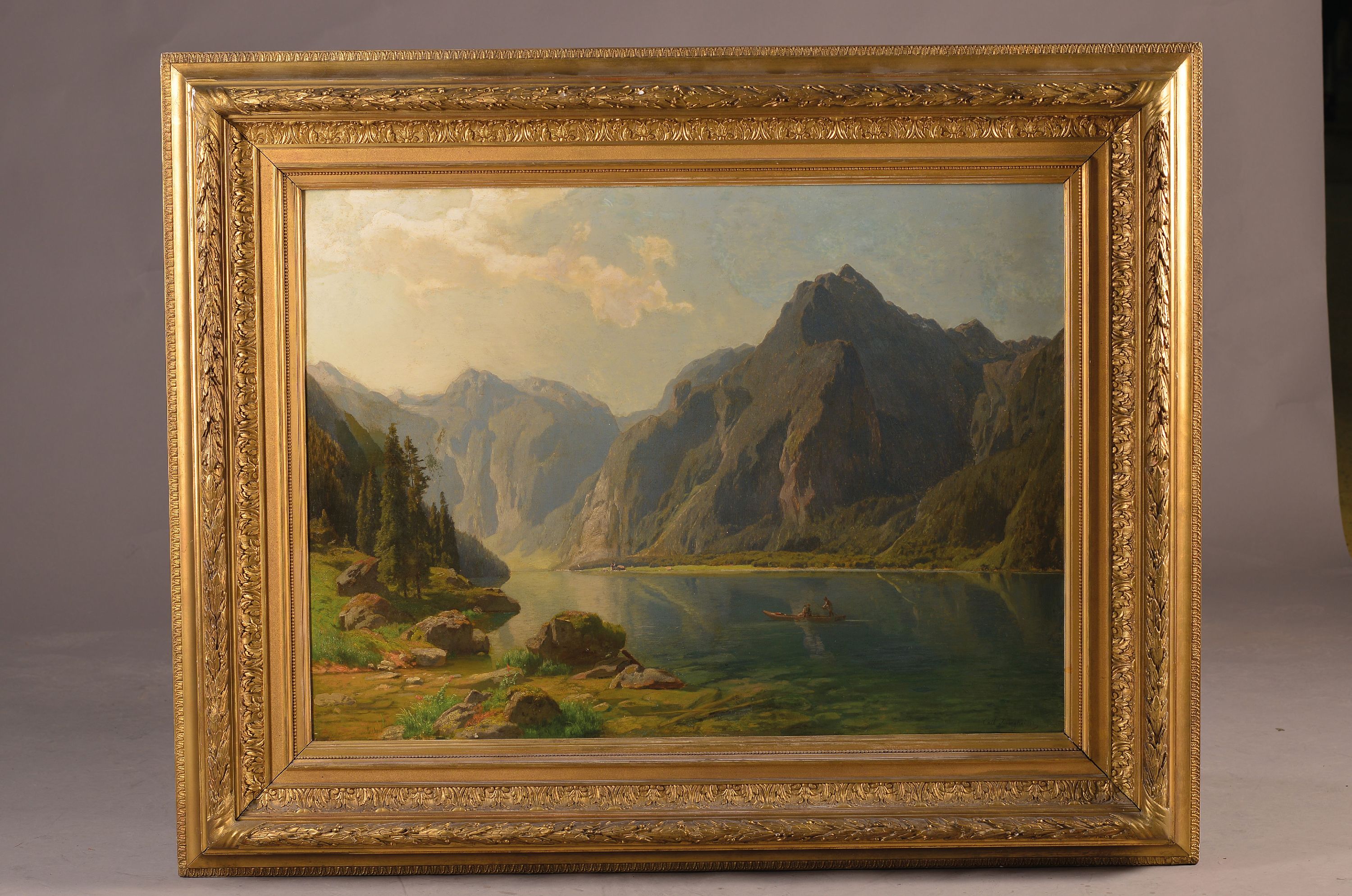 Detail k: Carl Jungheim, 1830-1886 Düsseldorf, Blick über den Königssee auf St. Bartholomä, Figurenstaffage, rechts unten signiert, Öl/Lwd, v.a. im ...