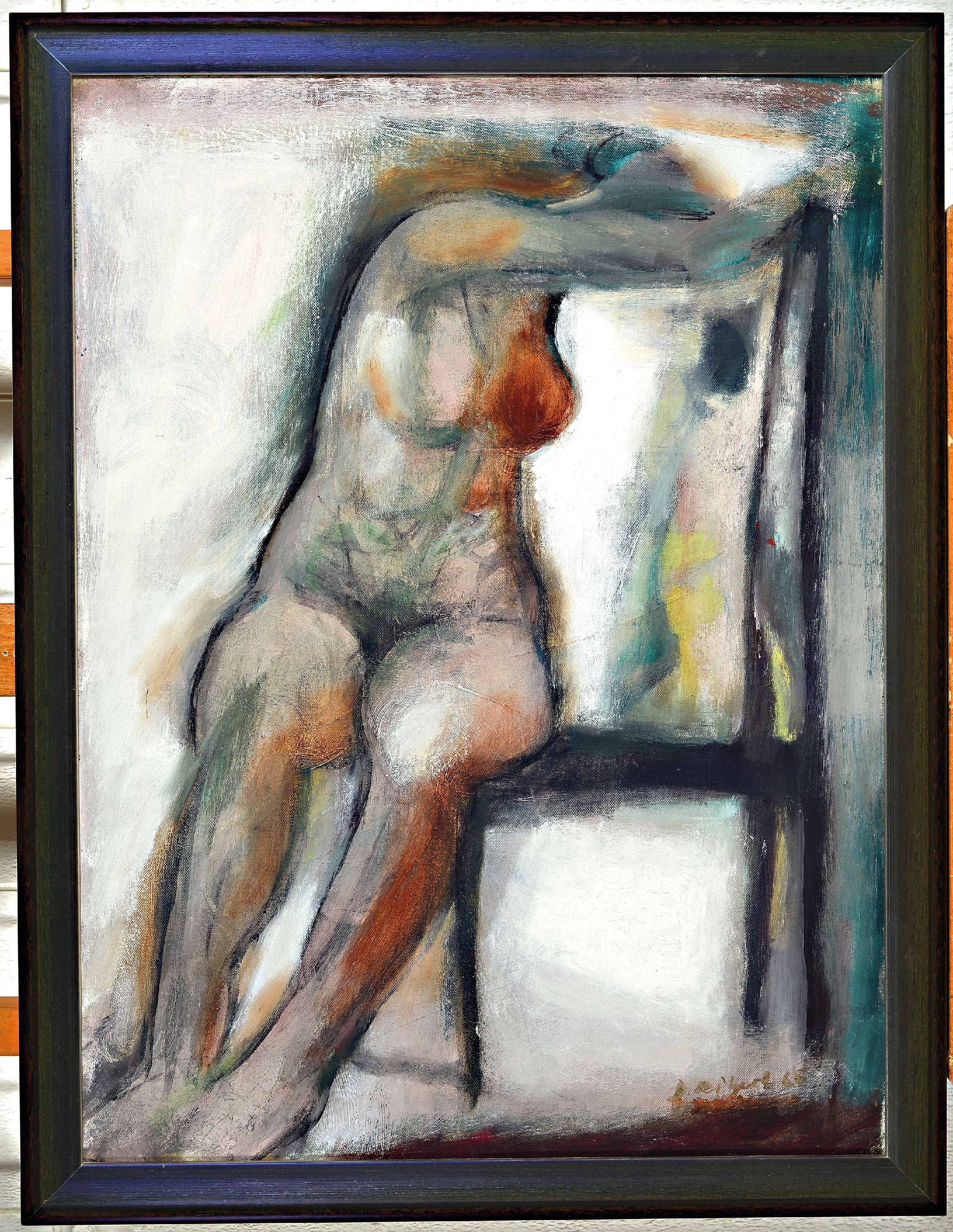 Detail k: Diether Ritzert, 1927-1987, "Sitzende II" 1965, weiblicher Akt, rechts unten signiert und datiert, Öl/Lwd, verso Künstleretikett, 60x45 ...