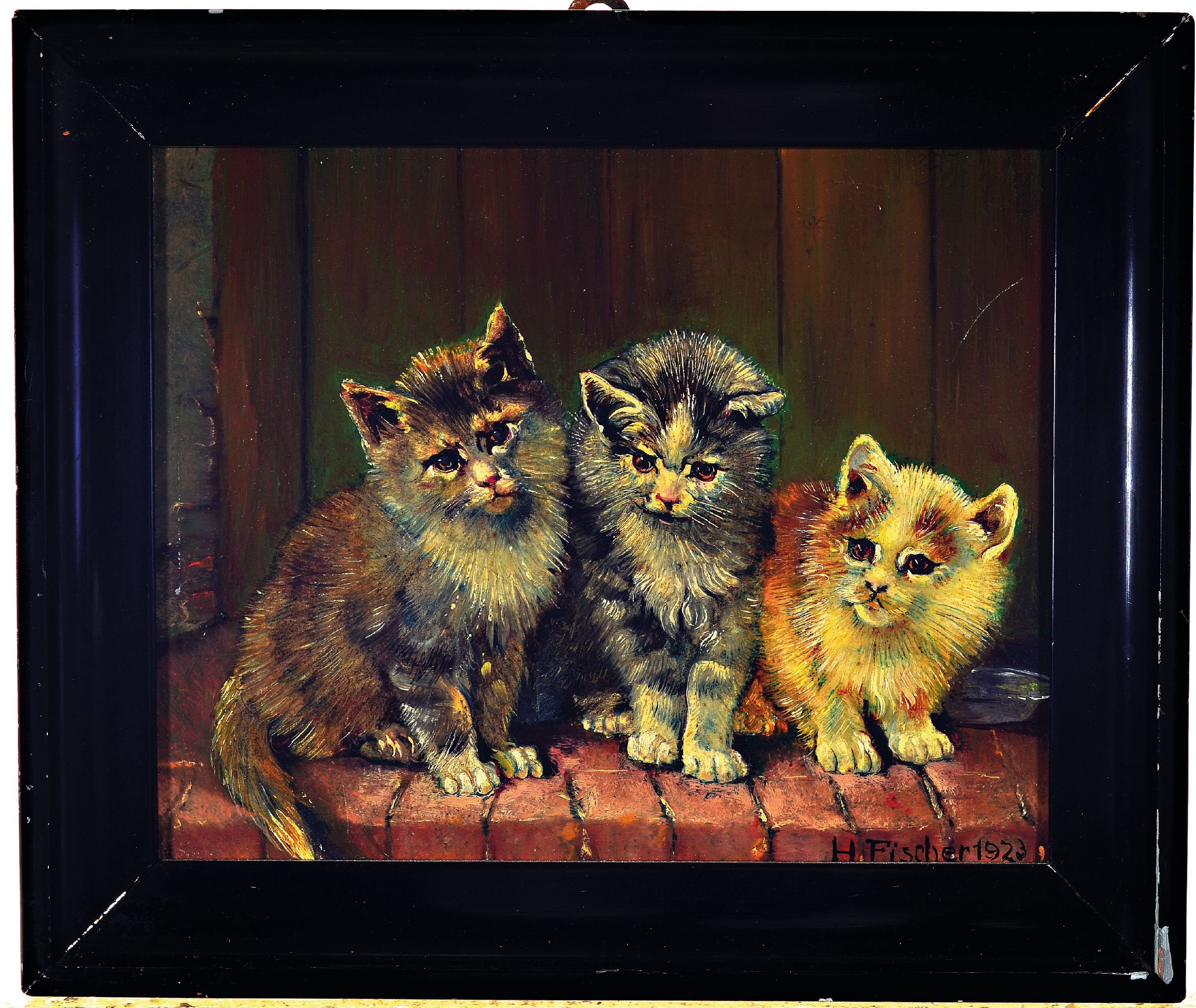 Detail k: H. Fischer, datiert 1923, drei Katzen, Öl/Malkarton, rechts unten sign. und dat., ca. 18x22cm, R. ca. 22x26cm