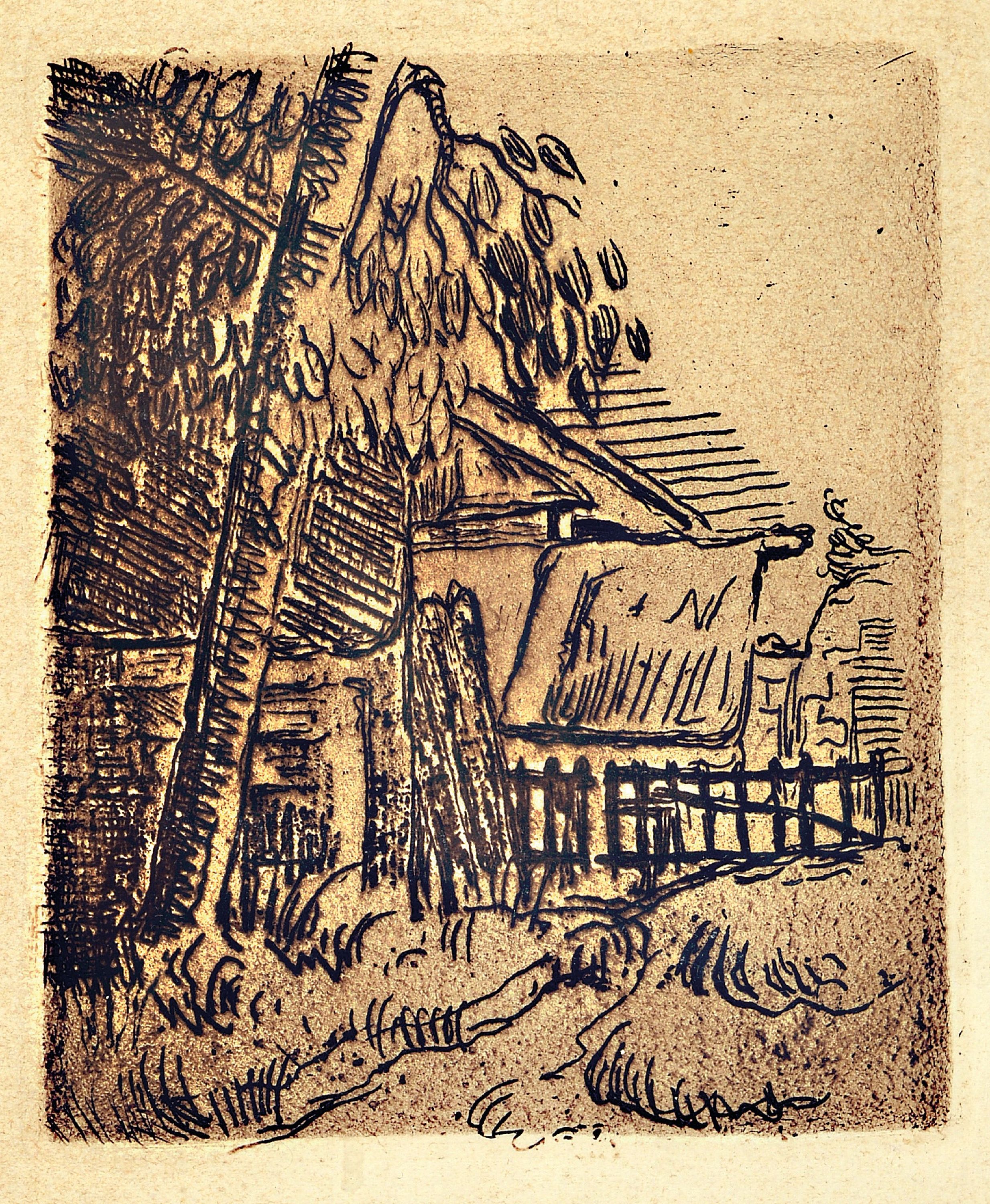 Paul Cezanne, 1839-1906, Radierung auf Velin, "Paysage a Auvers" 1873, unsigniert, Platte 13,5x11 cm, Blatt ca. 17x15 cm, gebräunt, unter ...