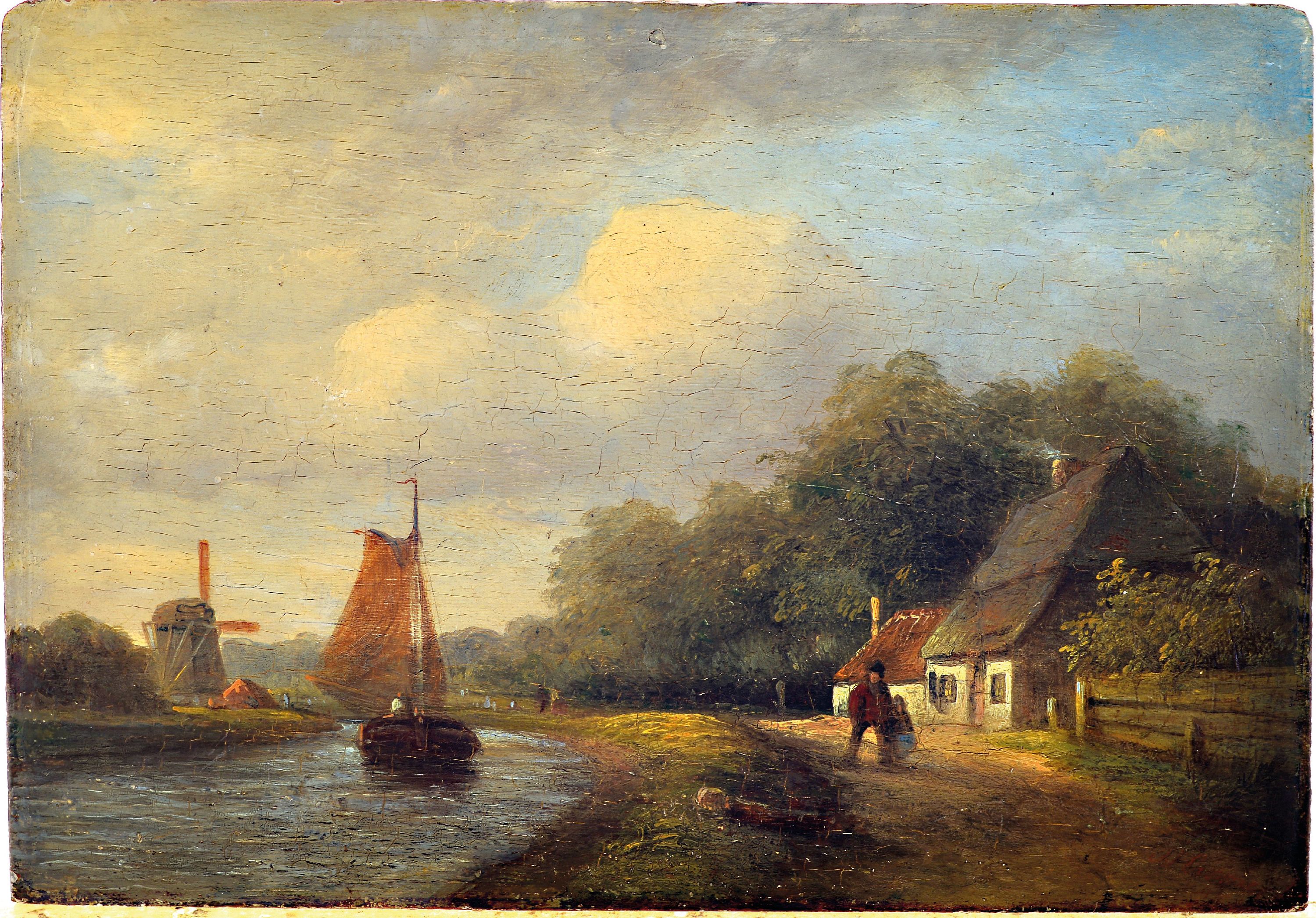 Detail k: Adolf Lier, 1826 Herrnhut-1882 Vahrn, niederländische Flusslandschaft, Figurenstaffage, Öl/Holz, rechts unten fragmentarisch signiert, ungerahmt, ...