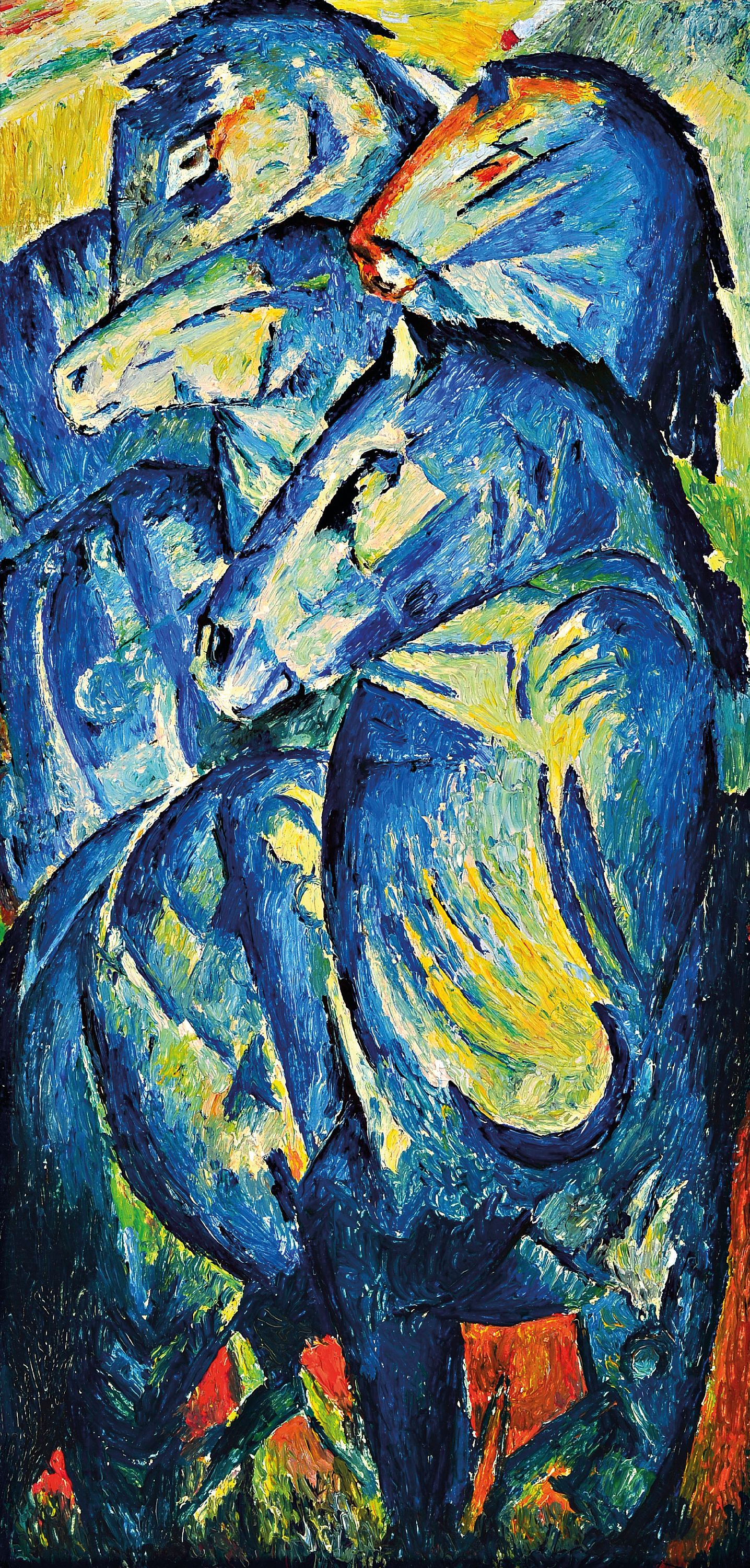 Unbekannter Künstler nach Franz Marc (1880 -1916) "Der Turm der blauen Pferde", 1960/70er-Jahre, Öl/Karton, unsigniert, Rahmen46x26 cm