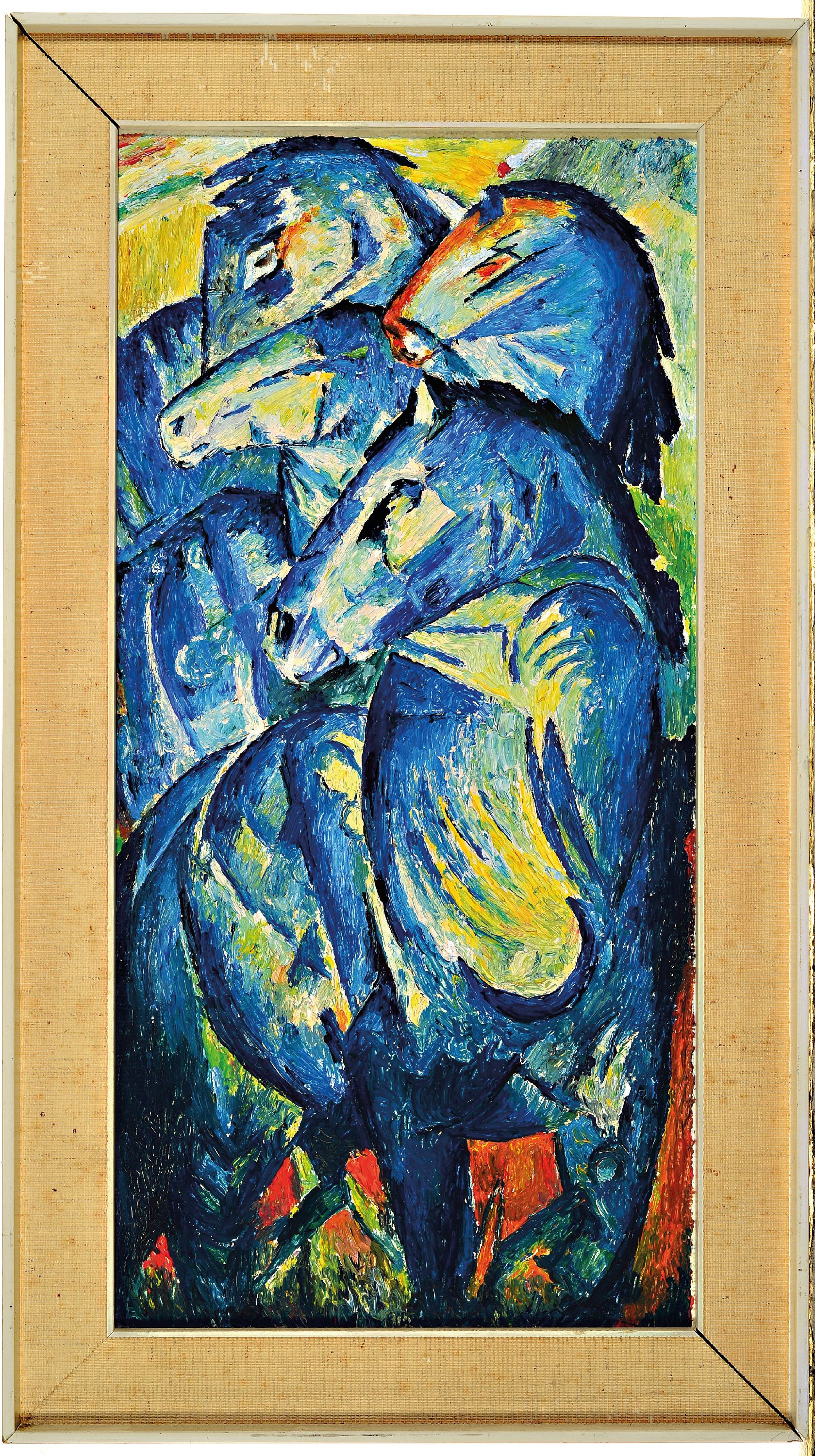 Detail k: Unbekannter Künstler nach Franz Marc (1880 -1916) "Der Turm der blauen Pferde", 1960/70er-Jahre, Öl/Karton, unsigniert, Rahmen46x26 cm