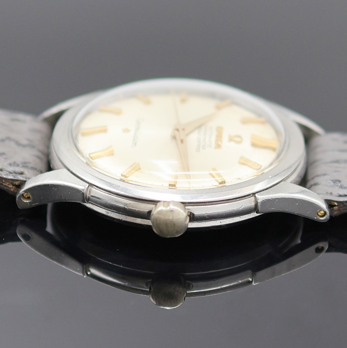 Detail c: OMEGA Constellation Armbandchronometer in Edelstahl Referenz 2782-3SC, Schweiz um 1955, Hammerautomatik, 2-teil. Geh., Lederband m. orig. Dornschl., ...