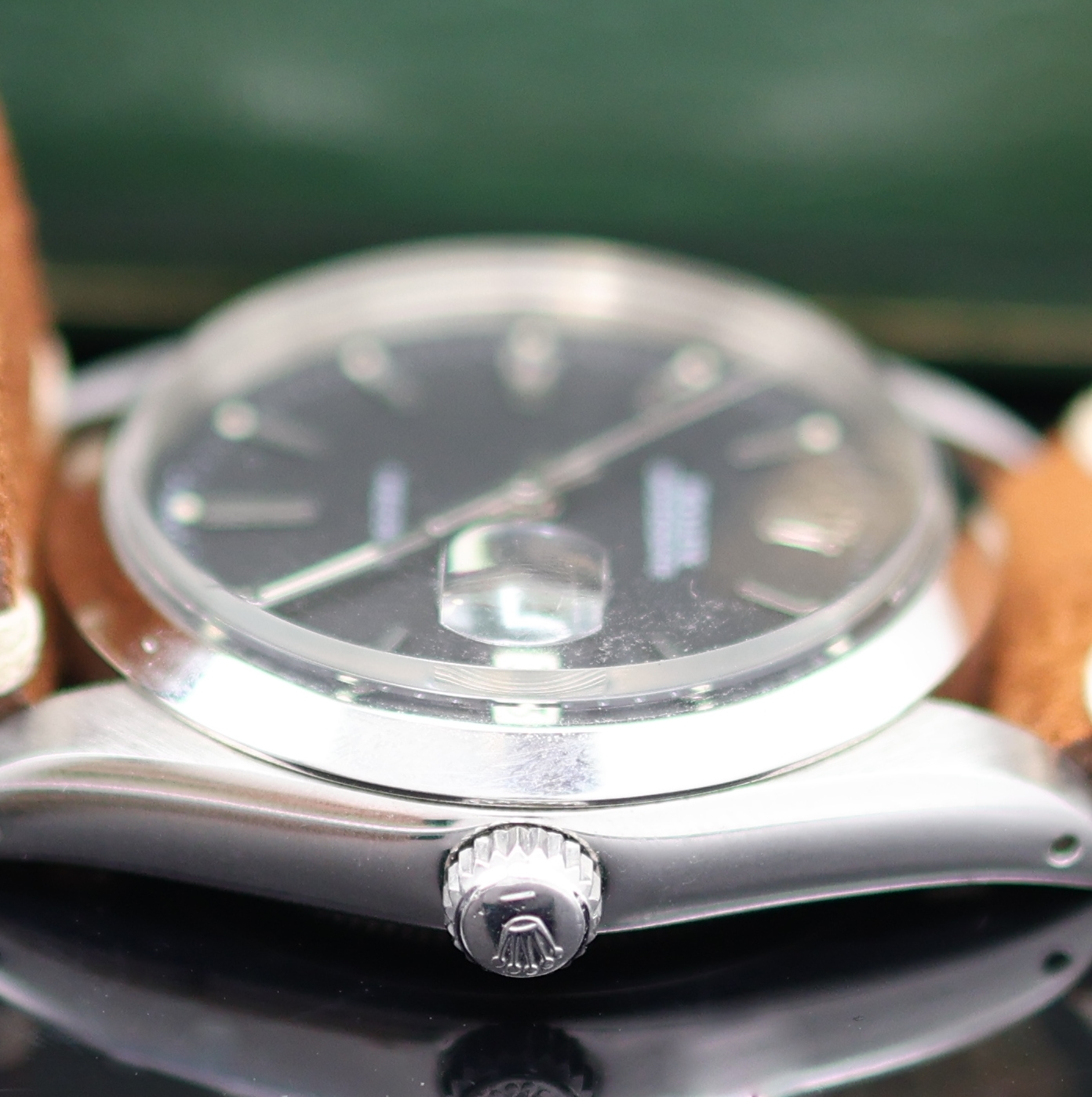 Detail c: ROLEX Oysterdate Precision Armbanduhr in Edelstahl Referenz 6694, Schweiz um 1965, Handaufzug, 3-teil. Geh., Lederband m. orig. Dornschl., Boden u. ...