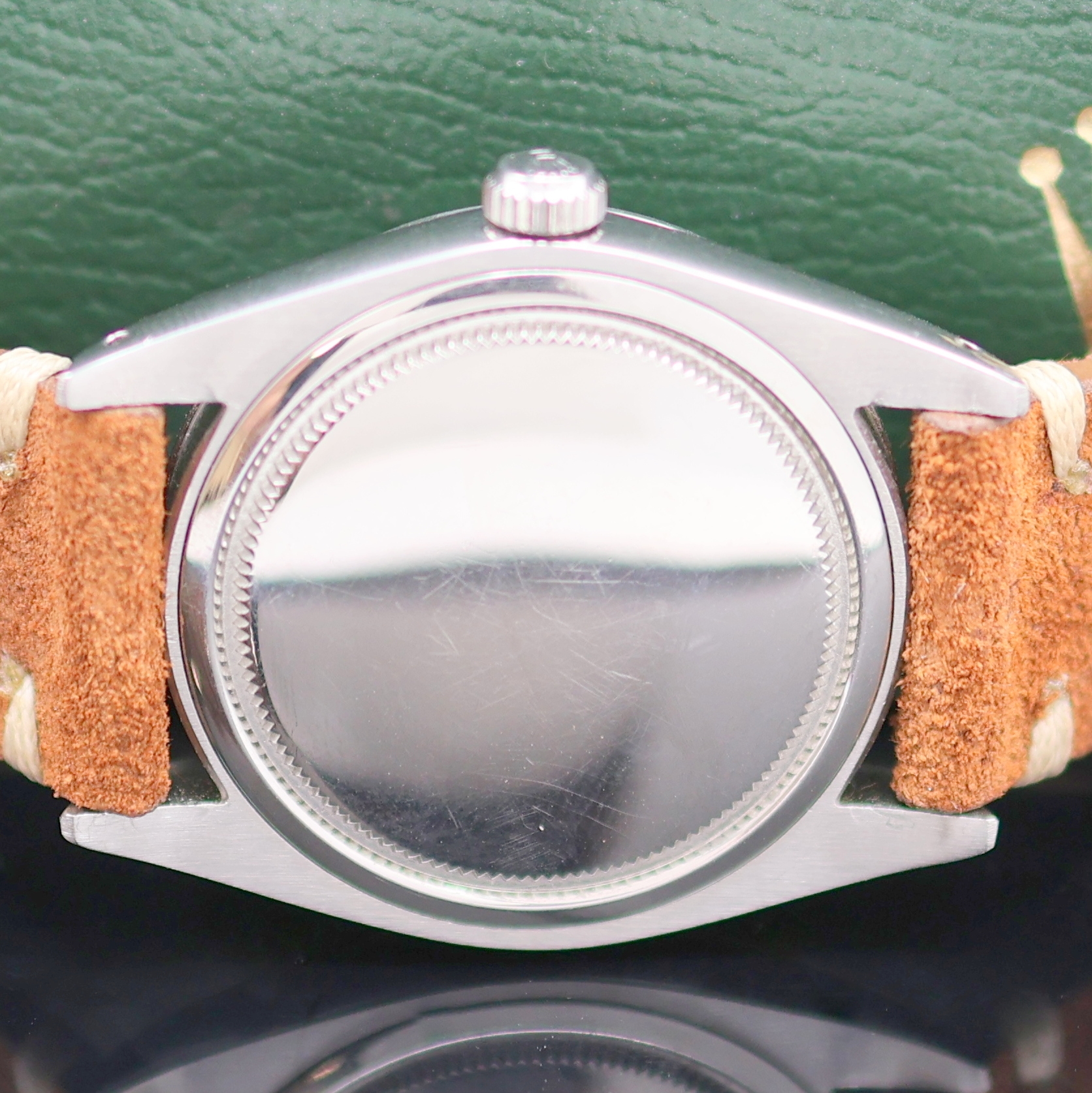Detail d: ROLEX Oysterdate Precision Armbanduhr in Edelstahl Referenz 6694, Schweiz um 1965, Handaufzug, 3-teil. Geh., Lederband m. orig. Dornschl., Boden u. ...
