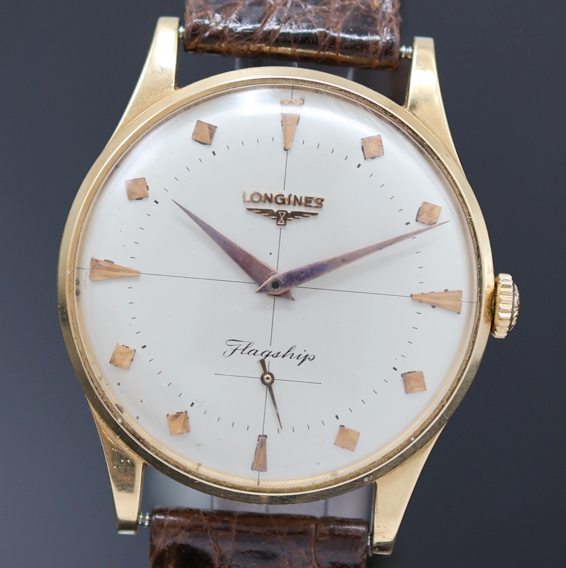 Detail a: LONGINES Flagship Armbanduhr in RG 750/000 Referenz 6827, Schweiz um 1958, Handaufzug, 3-teil. Geh. inkl. orig. Lederband m. verg. orig. Dornschl., ...