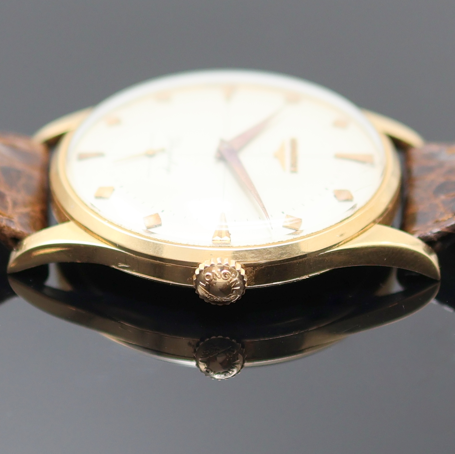Detail c: LONGINES Flagship Armbanduhr in RG 750/000 Referenz 6827, Schweiz um 1958, Handaufzug, 3-teil. Geh. inkl. orig. Lederband m. verg. orig. Dornschl., ...