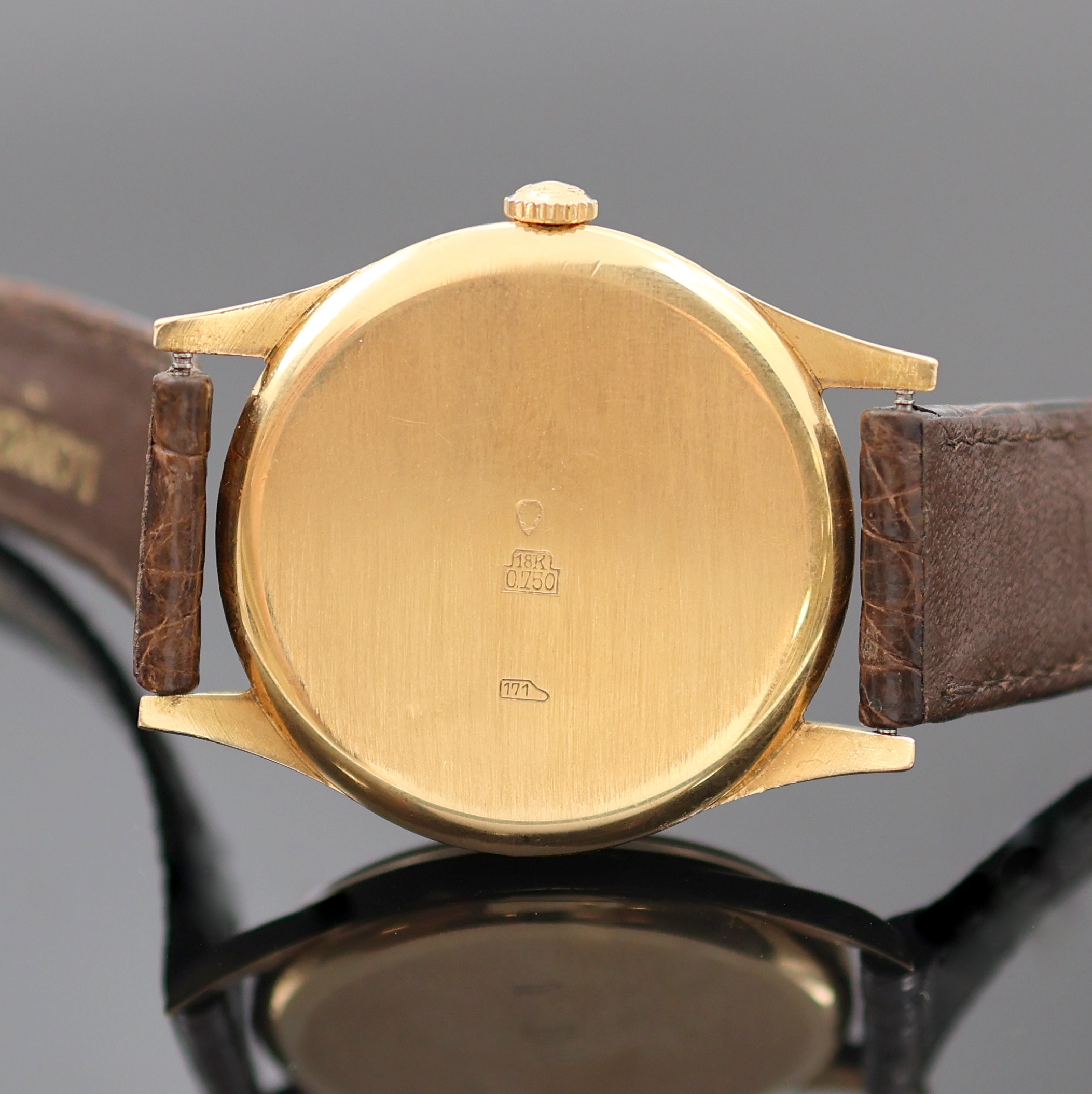 Detail d: LONGINES Flagship Armbanduhr in RG 750/000 Referenz 6827, Schweiz um 1958, Handaufzug, 3-teil. Geh. inkl. orig. Lederband m. verg. orig. Dornschl., ...