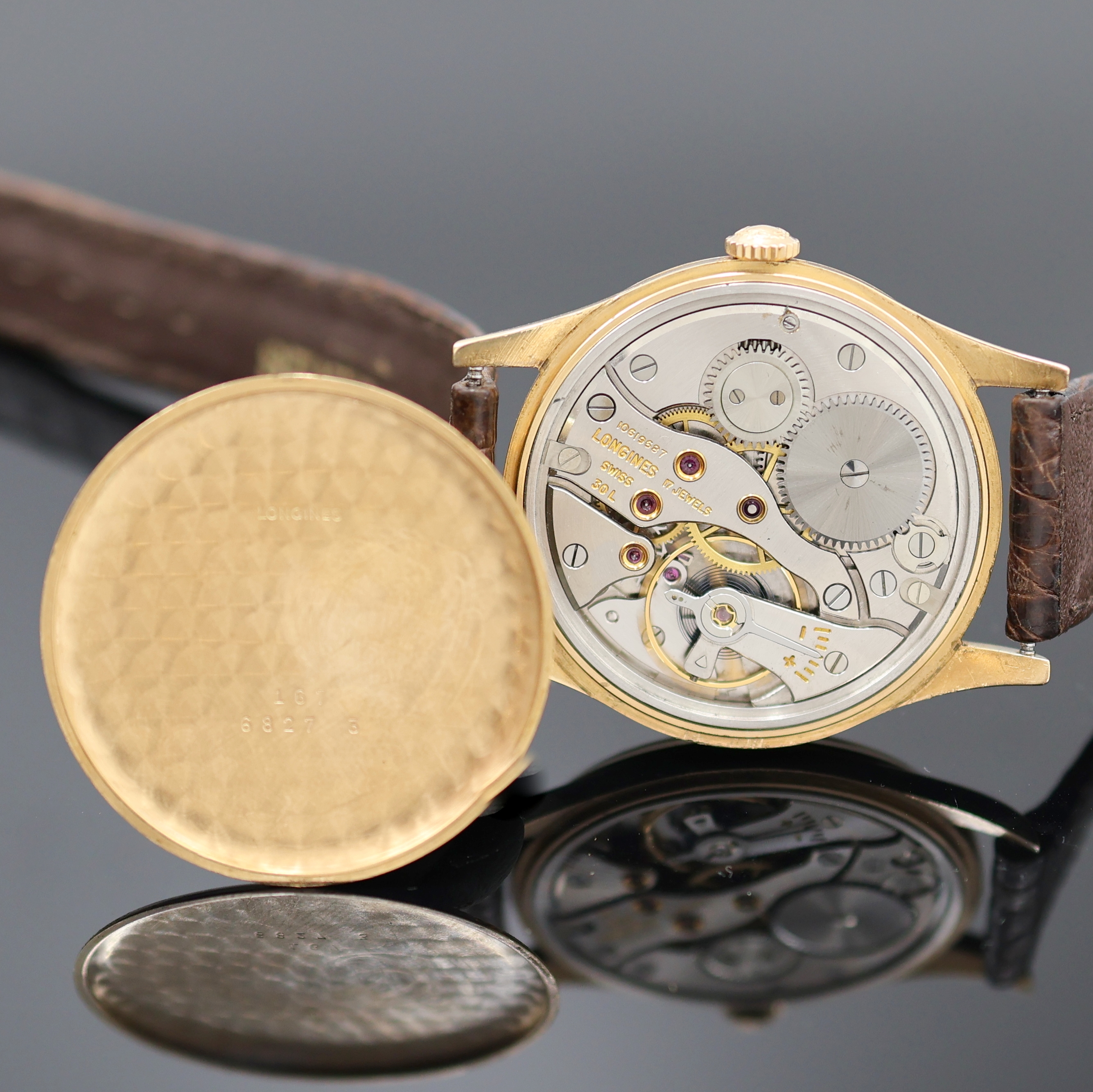 Detail e: LONGINES Flagship Armbanduhr in RG 750/000 Referenz 6827, Schweiz um 1958, Handaufzug, 3-teil. Geh. inkl. orig. Lederband m. verg. orig. Dornschl., ...