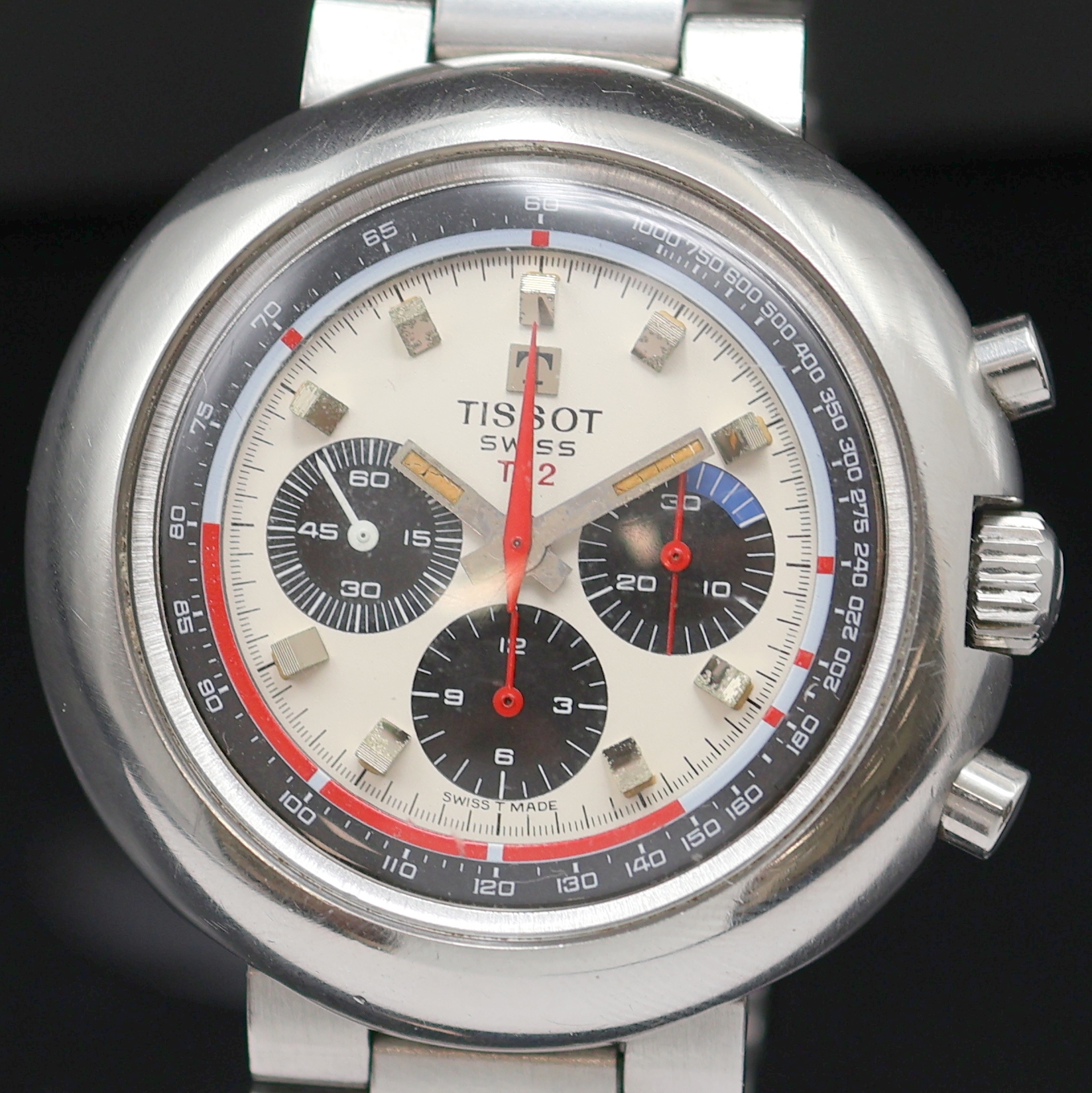 Detail a: TISSOT T12 Armbandchronograph in Edelstahl Referenz 40504, Schweiz um 1968, Handaufzug, 2-teil. Geh. inkl. original Gay Freres Band m. Faltschl., ...