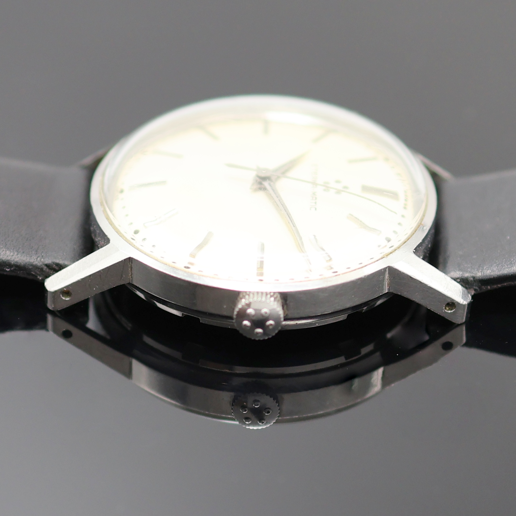Detail b: ETERNA-MATIC Armbanduhr in Stahl, Schweiz 1960er Jahre, Automatik, Boden verschr., silb. Zifferbl. m. aufges. silb. Ind. fl./pat., silb. Zeiger, ...