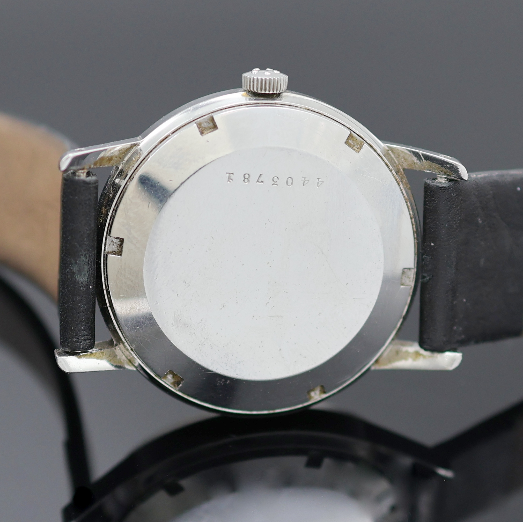 Detail c: ETERNA-MATIC Armbanduhr in Stahl, Schweiz 1960er Jahre, Automatik, Boden verschr., silb. Zifferbl. m. aufges. silb. Ind. fl./pat., silb. Zeiger, ...