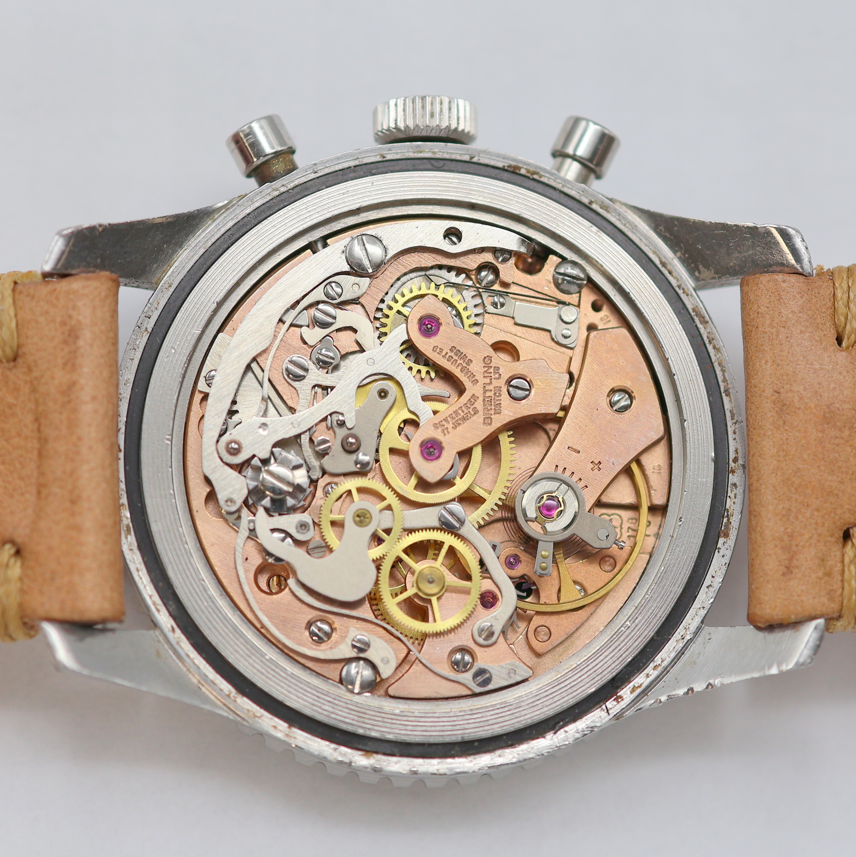 Detail e: BREITLING Cosmonaute seltener Armbandchronograph Referenz 809, Schweiz um 1965, Handaufzug, 3-teil. Edelstahlgeh. dell., Boden aufgedr., ...