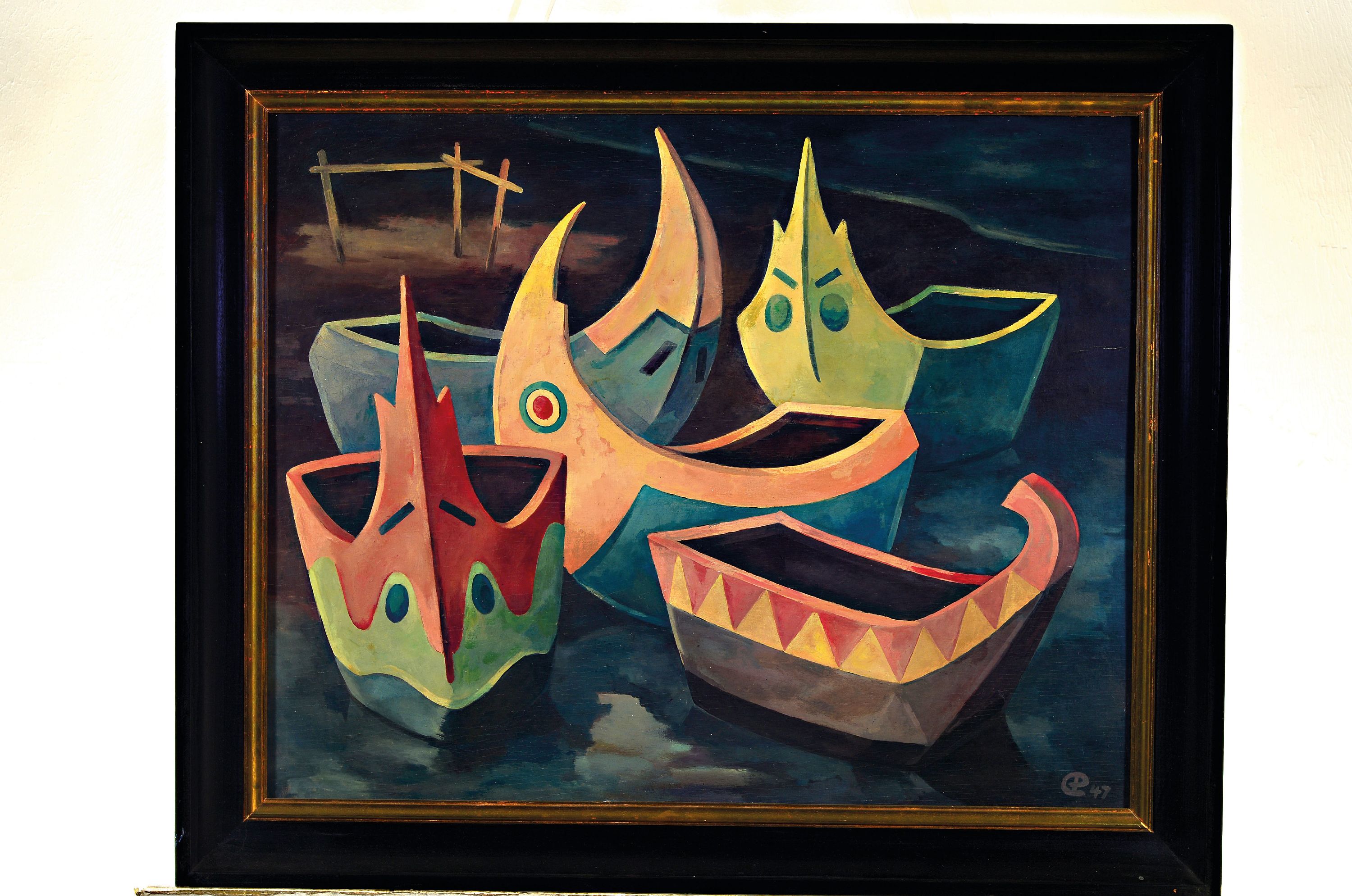 Detail k: Gerhard Pommeranz-Liedke, 1909-1974, Kaneval der meia luas, Halbmondboote in Nazare/Portugal, Öl/Holz, rechts unten monogr. und dat. 47, rückseitig ...