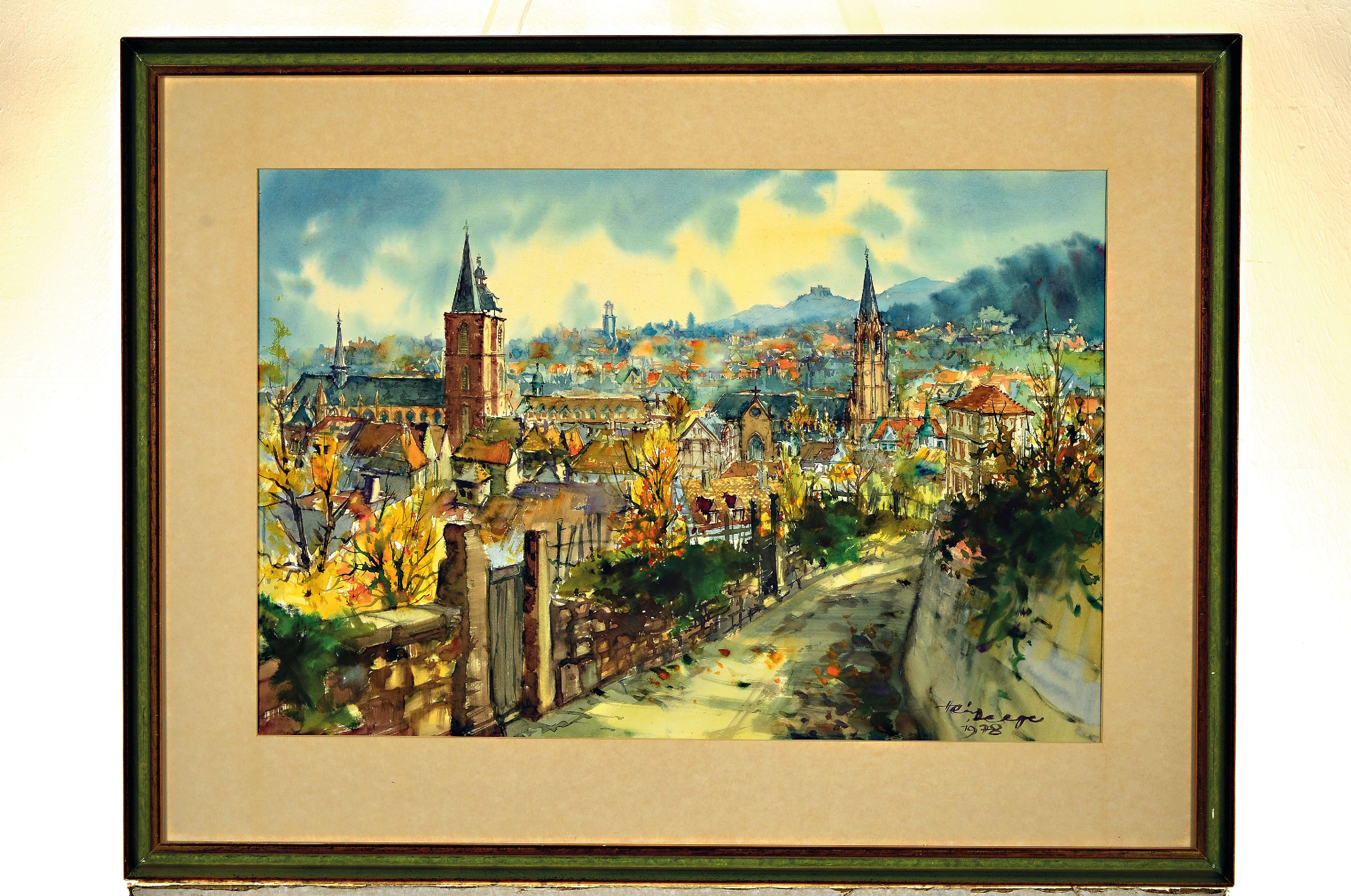 Detail k: Heiner Deege, 1920Haßloch-2007, Aquarell, Panorama von Neustadt an der Weinstraße, 1978,rechts unten signiert, PP Ausschnitt 40x60 cm,unter Glas ...