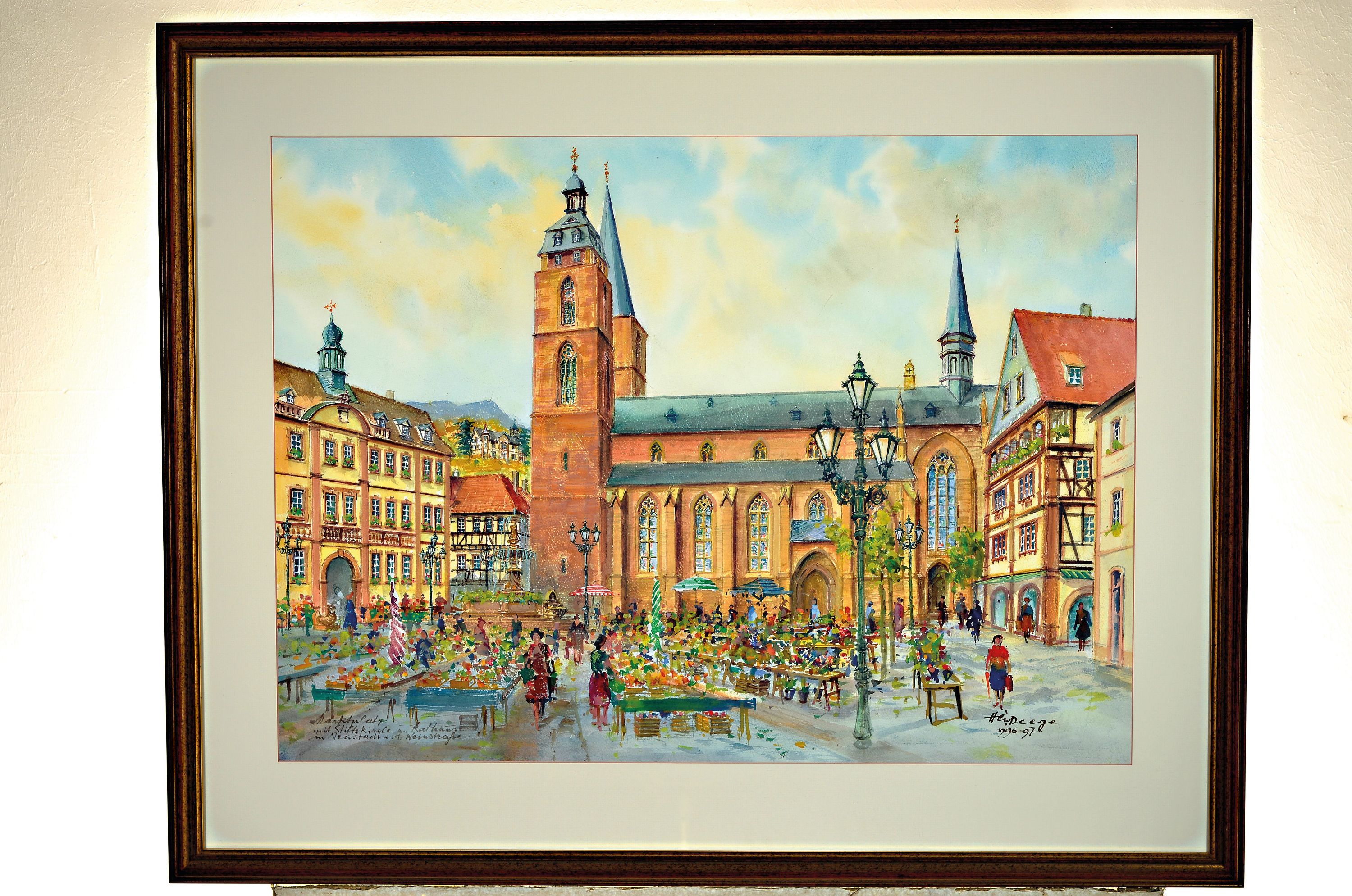 Detail k: Heiner Deege, 1920 Haßloch-2007, Aquarell, Marktplatz Neustadt mit Stiftskirche und regemMarkttreiben, 1969-70, rechts unten signiert, PP Ausschnitt ...
