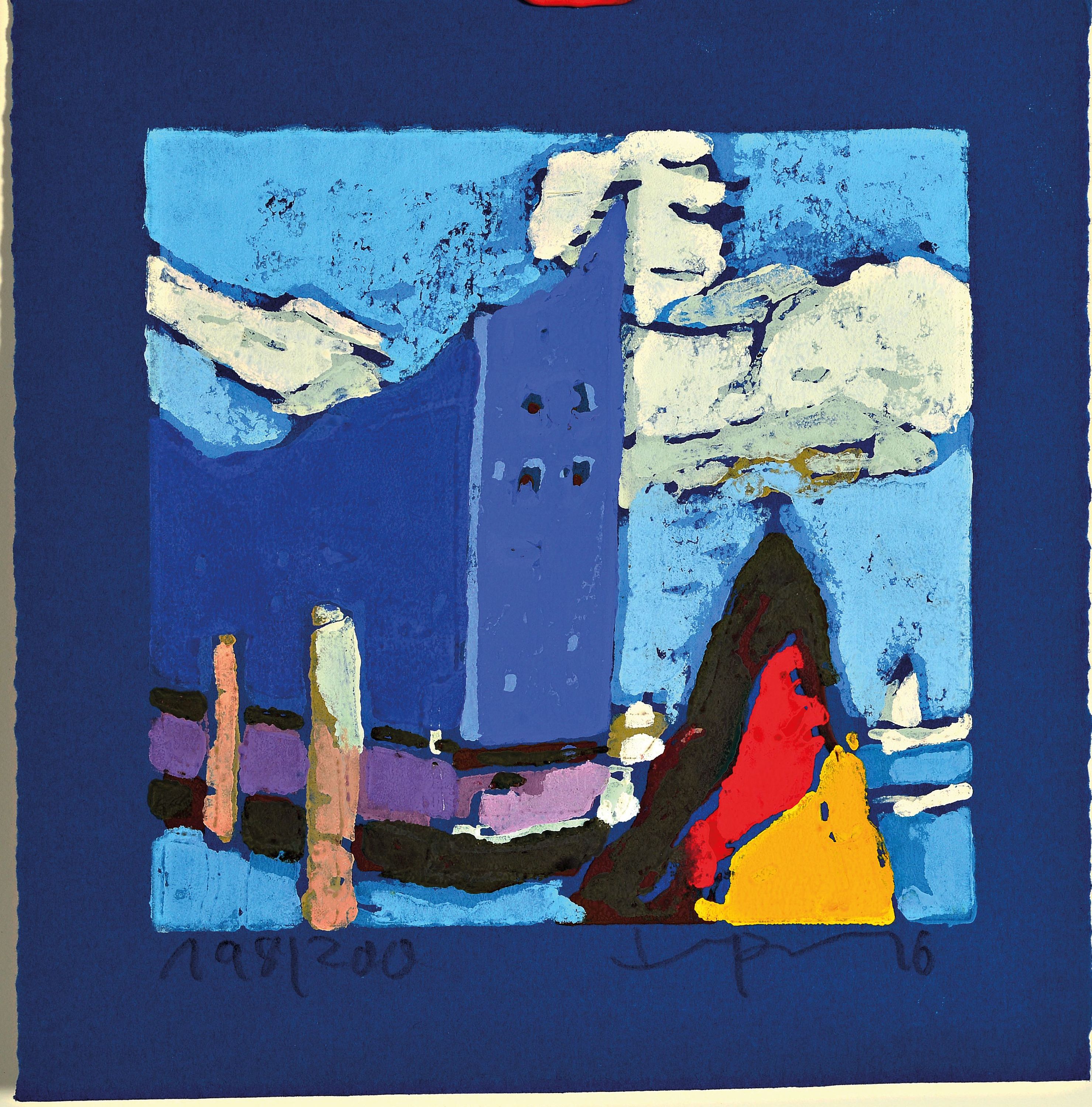 Detail k: Klaus Fußmann, geb. 1938 Velbert, Elbphilharmonie Hamburg, Farblinolschnitt auf blauem Papier, sign. und num. 198/200, ca.13.5x14cm