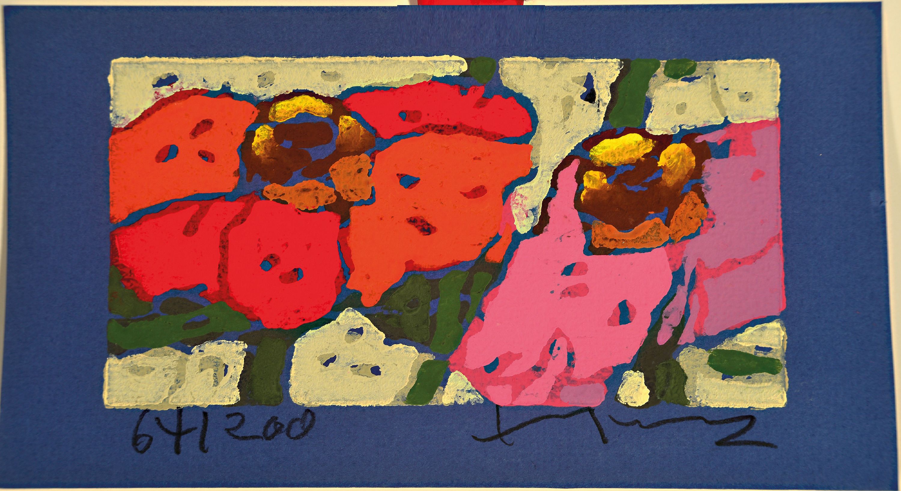 Detail k: Klaus Fußmann, geb. 1938 Velbert, Rote Rosen, Farblinolschnitt auf blauem Papier, sign. und num. 64/200, ca. 7x13.5cm