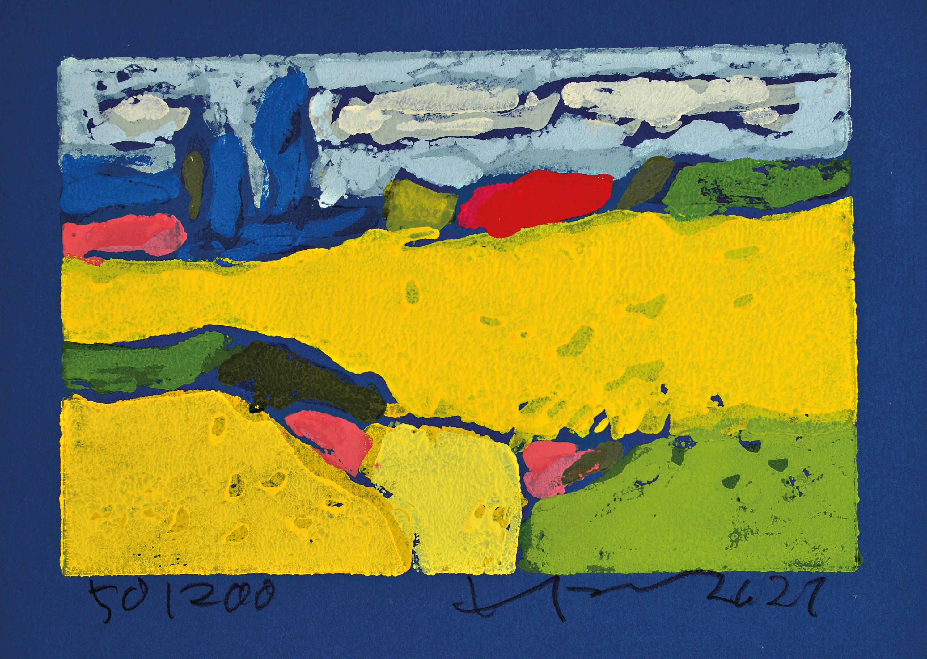 Image 26988489 - Klaus Fußmann, geb. 1938 Velbert, Raps-Rotes Haus-Ostsee, Farblinolschnitt auf blauem ...