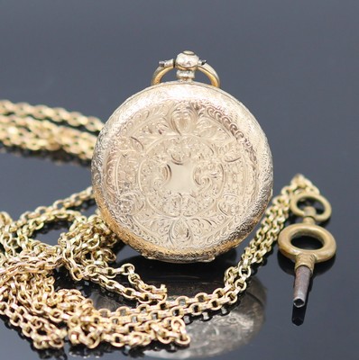 26988405a - Offene Zylinder-Damentaschenuhr in RoseG 585/000 an Kette in GG 585/000, Schweiz um ...