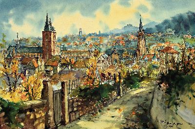 Image 26988430 - Heiner Deege, Aquarell, Panorama von Neustadt an der Weinstraße
