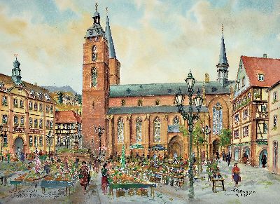 Image 26988431 - Heiner Deege, Aquarell, Marktplatz vor der Kirche mit regem Markttreiben