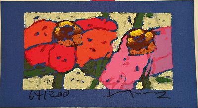26988450k - Klaus Fußmann, geb. 1938 Velbert, Rote Rosen, Farblinolschnitt auf blauem Papier, sign. ...