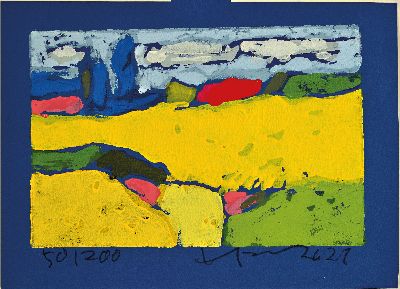 26988489k - Klaus Fußmann, geb. 1938 Velbert, Raps-Rotes Haus-Ostsee, Farblinolschnitt auf blauem ...