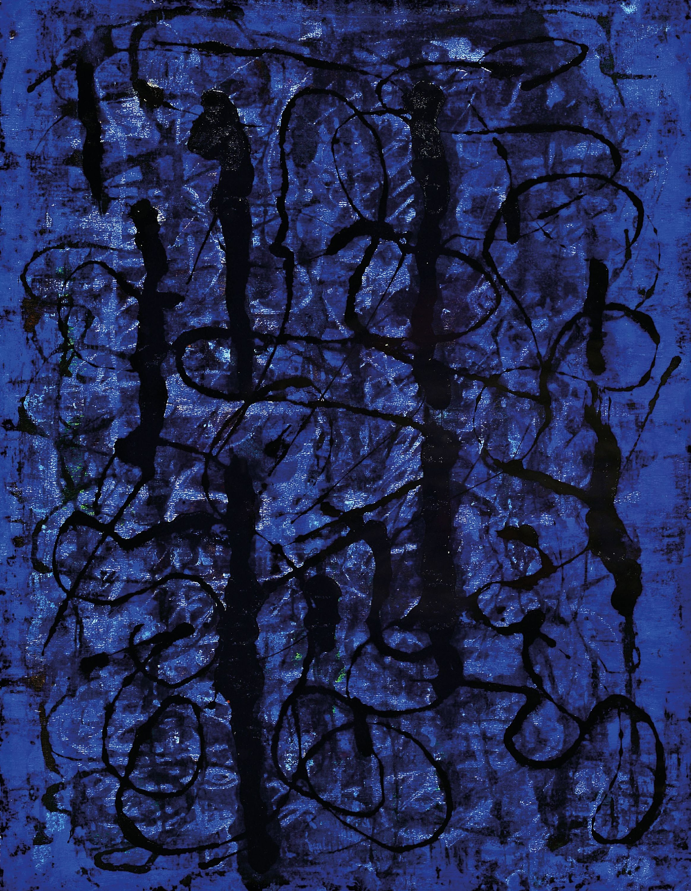 Ernst Geitlinger, 1895 Frankfurt/Main-1972 Seeshaupt, Schwarz auf Blau, Tempera auf Tusche auf Papier, verso Signaturstempel, dat. 59, betitelt und ...