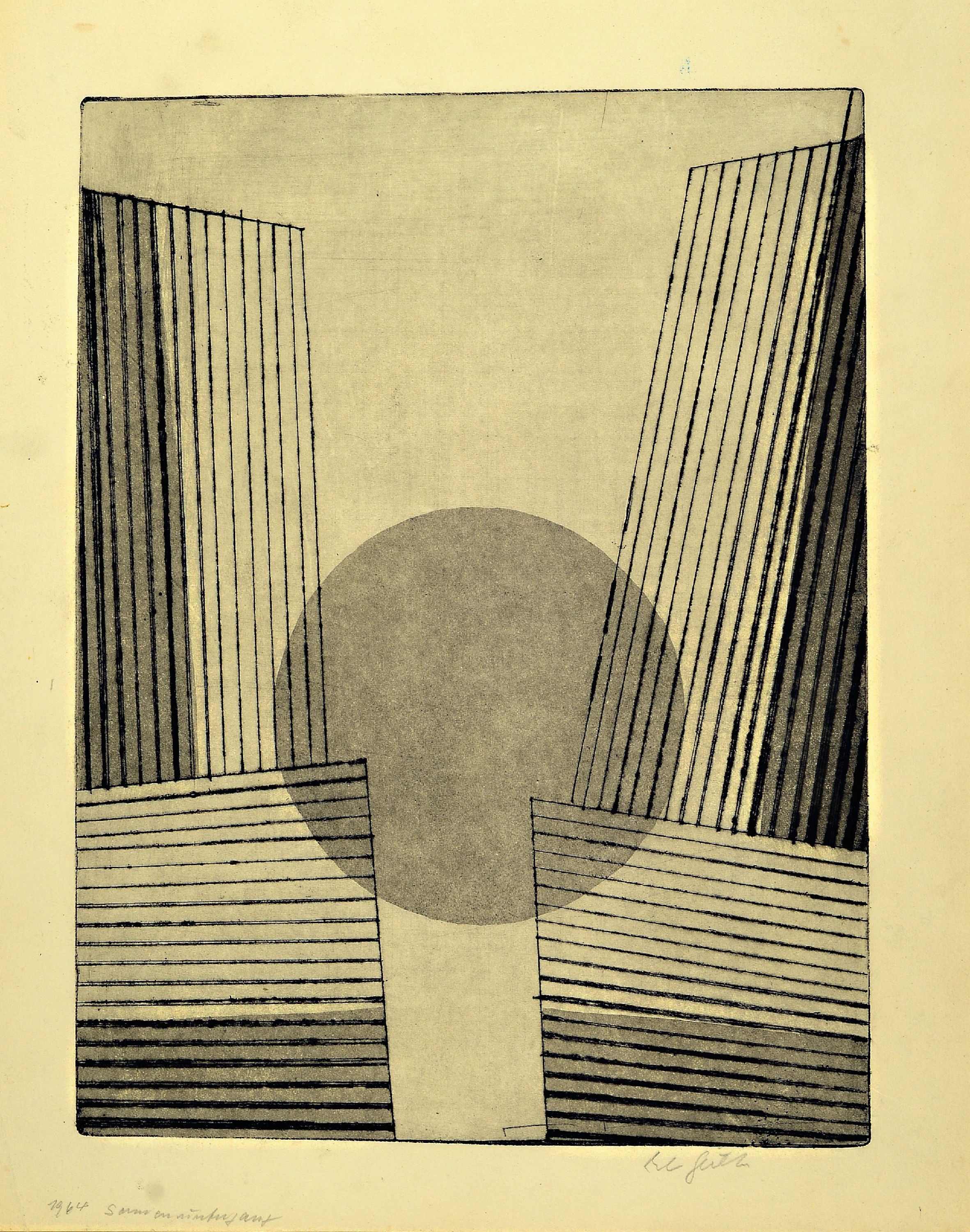 Detail a: Ernst Geitlinger, 1895 Frankfurt/Main-1972 Seeshaupt, 2 Radierungen: Figural-Doppel, sign. und dat. 64, ca. 40x29.5cm; Sonnenuntergang, sign., ...