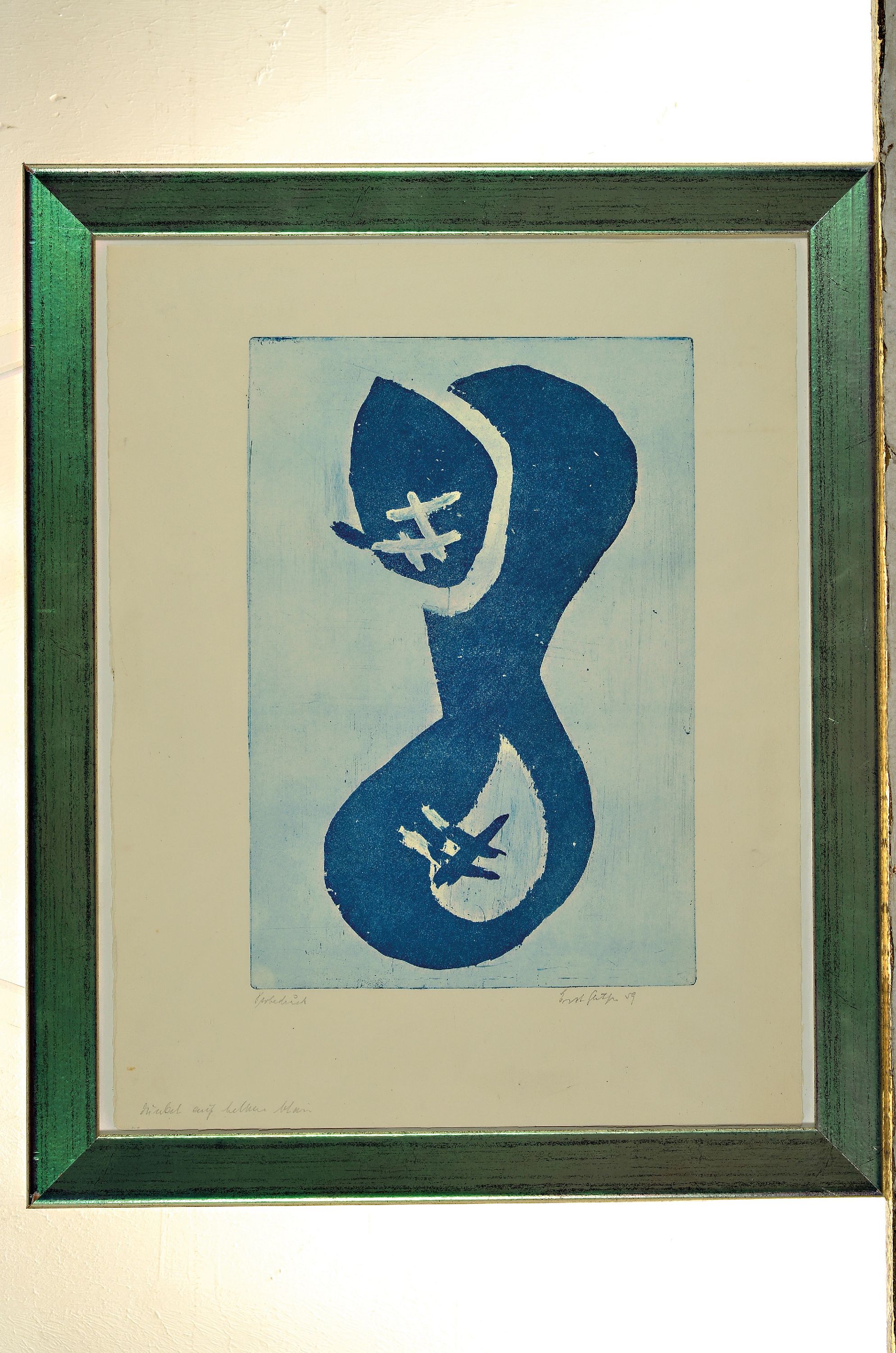 Detail k: Ernst Geitlinger, 1895 Frankfurt/Main-1972 Seeshaupt, Dunkelblau auf Hellblau, Farbradierung, sign. und dat. 59, bez. Probedruck, verso betitelt, ...