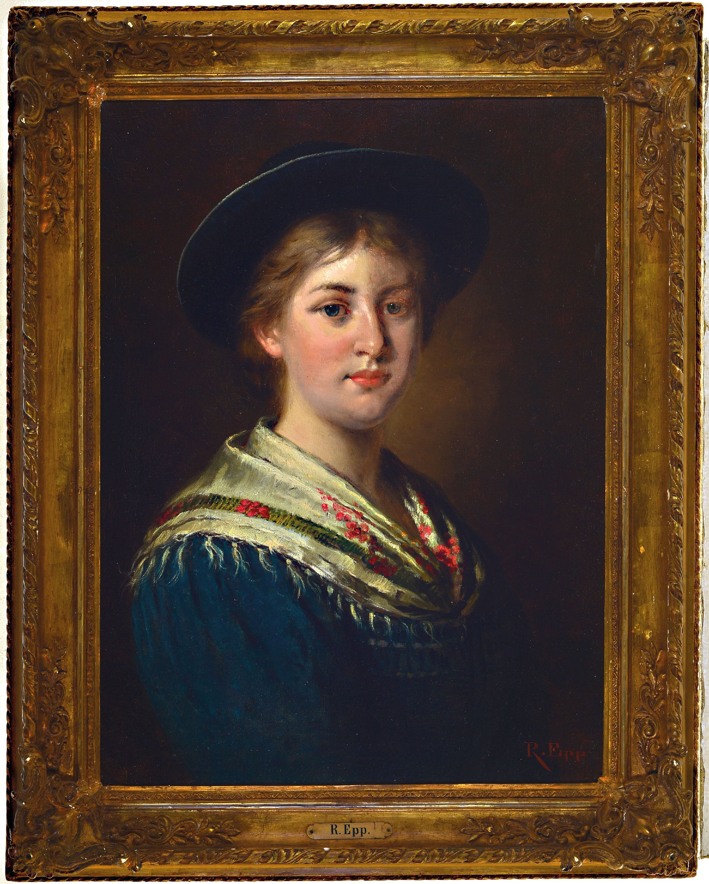Detail k: Rudolf Epp, 1834 Eberbach-1910 München, Porträt einer jungen Frau mit Hut und Schultertuch, Öl/Lwd, rest. und doubl., rechts unten signiert, ca. ...