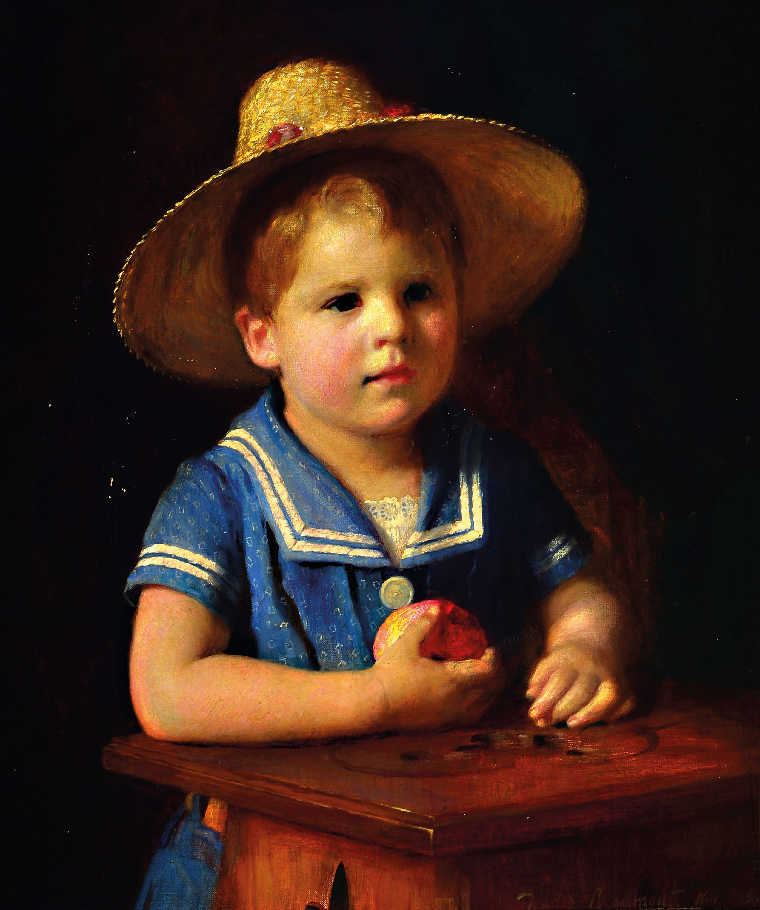 Frederick Samuel Beaumont, 1861-1954, Porträt eines Jungen im Matrosenanzug und Hut mit Apfel, Öl/Lwd, rechts unten sign.: Fred.S.Beaumont 1889, ...