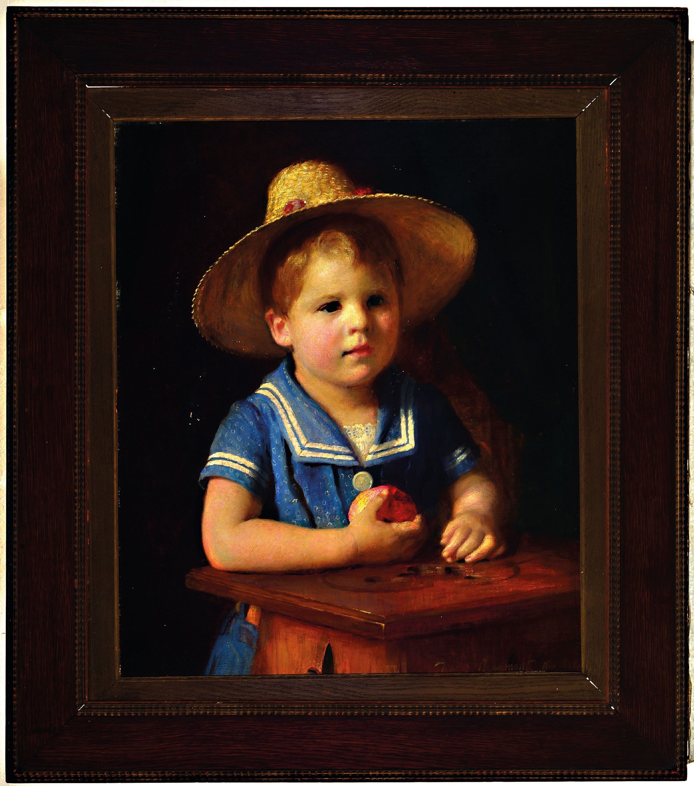 Detail k: Frederick Samuel Beaumont, 1861-1954, Porträt eines Jungen im Matrosenanzug und Hut mit Apfel, Öl/Lwd, rechts unten sign.: Fred.S.Beaumont 1889, ...