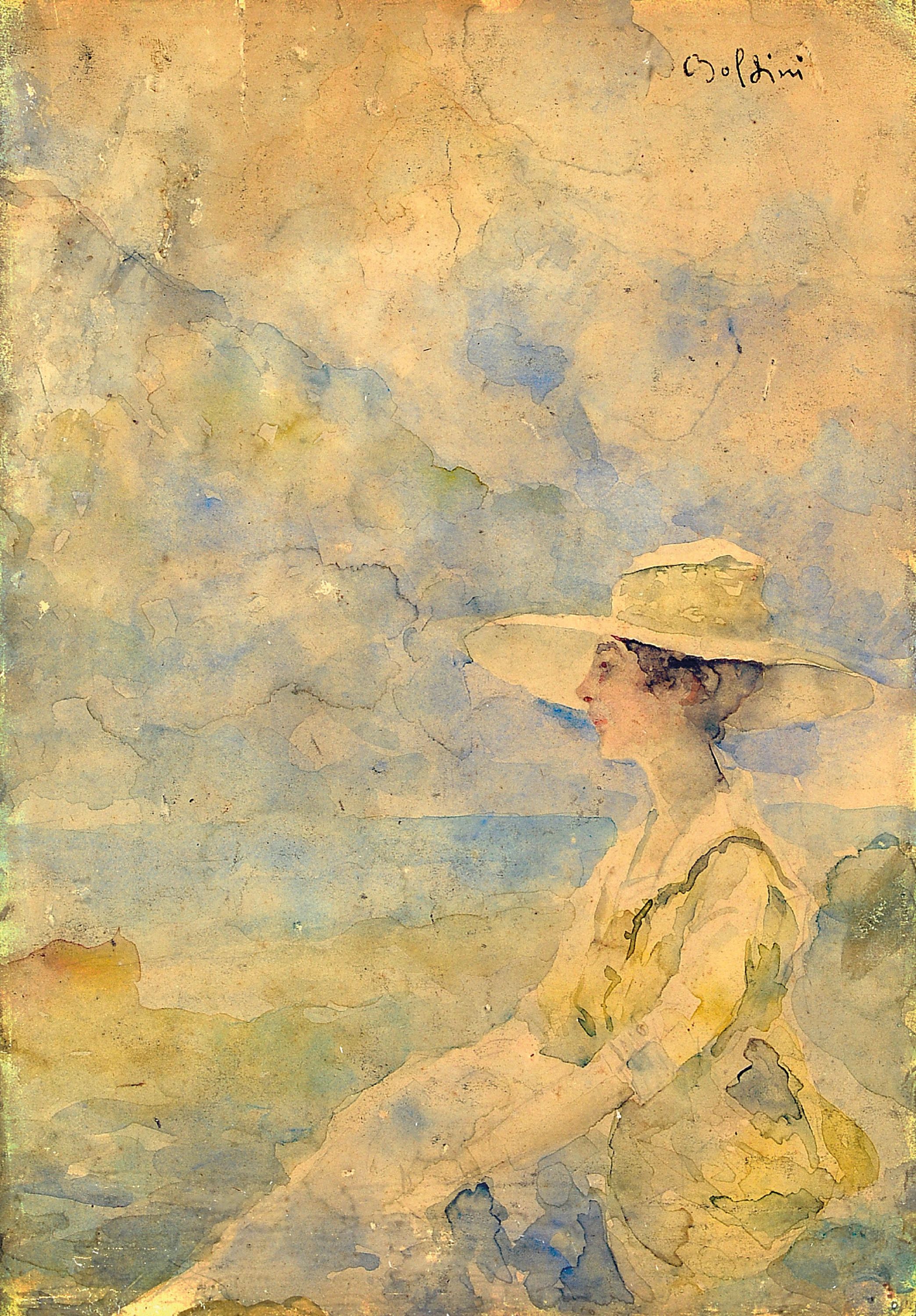 Image 26988798 - Giovanni Boldini, 1842 Ferrara-1931 Paris, Aquarell auf Papier, Träumende Frau vor ...