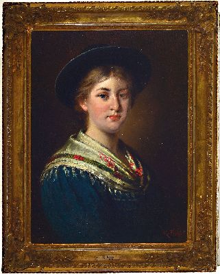26988796k - Rudolf Epp, 1834 Eberbach-1910 München, Porträt einer jungen Frau mit Hut und ...